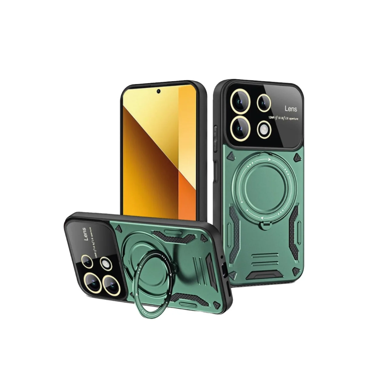 Note 13 4G Joy Lens Standlı Kılıf - Koyu Yeşil ve Askeri Düzeyde Koruma