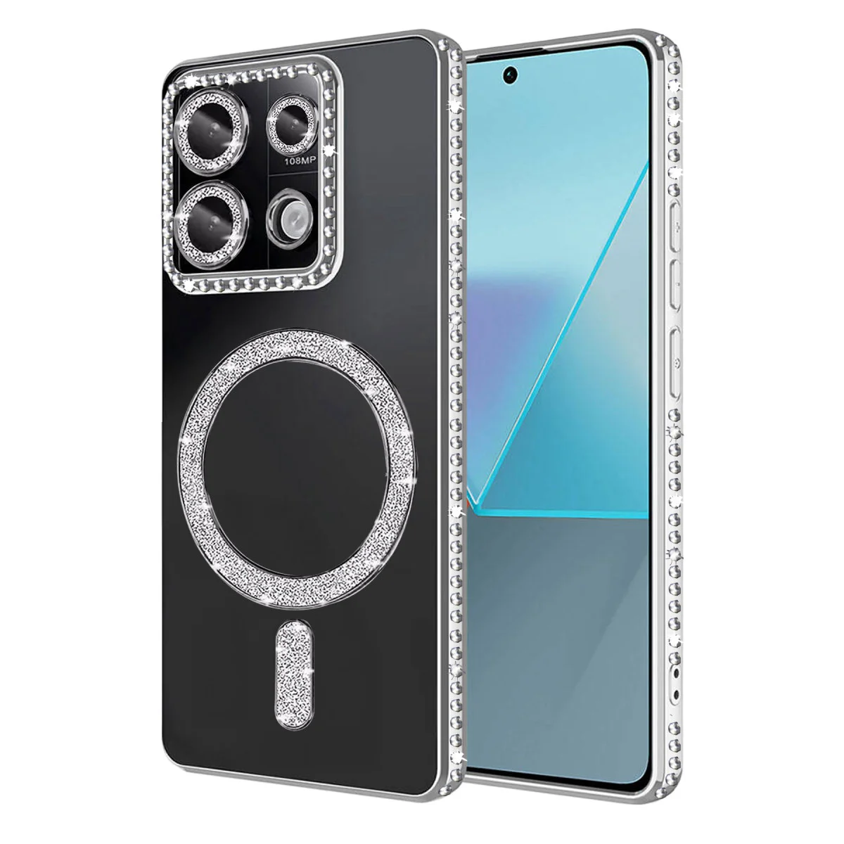 Note 13 Pro 4G Joke Simli Magneticsafe Kılıf - Gümüş TPU Kristal Arka Mat Kenar
