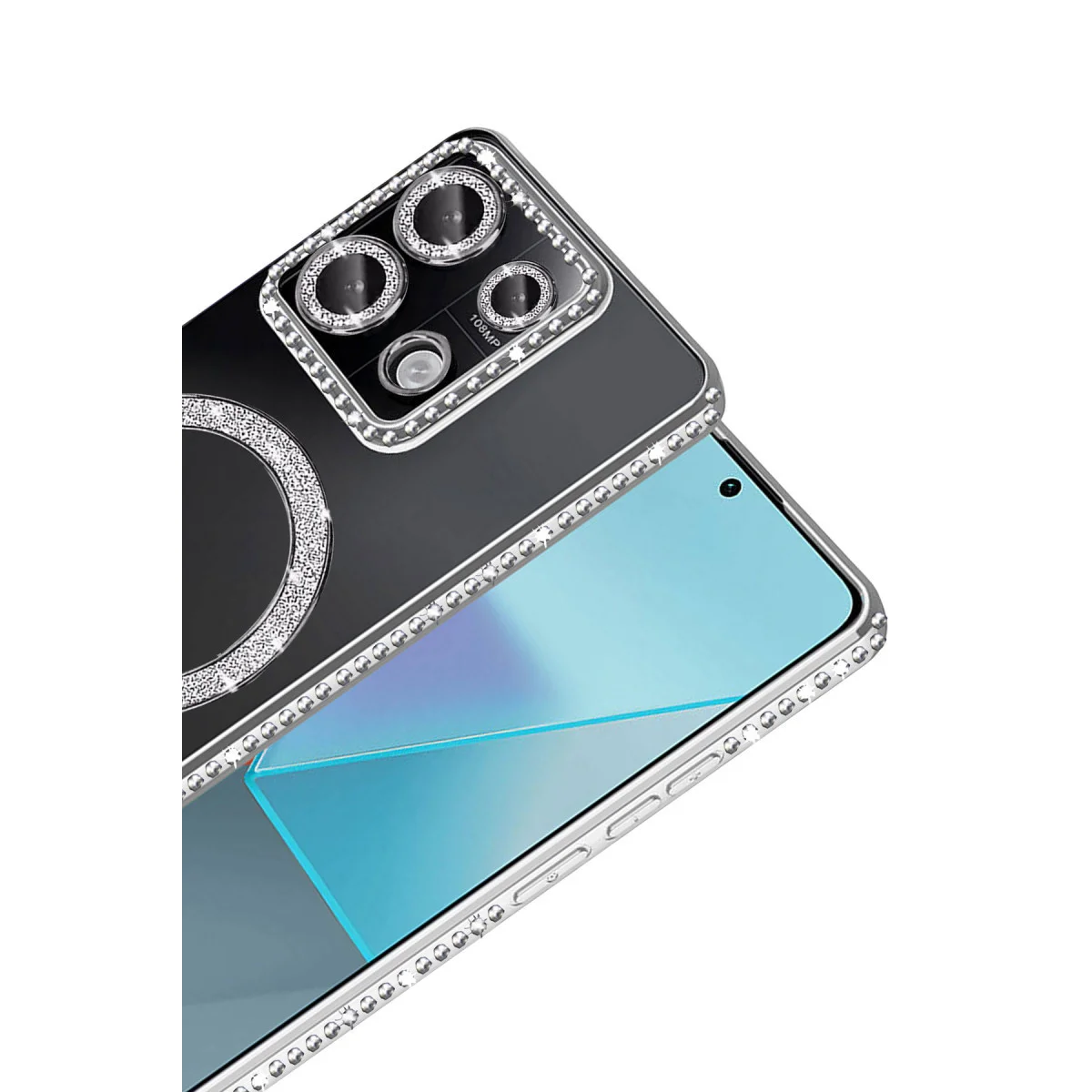 Note 13 Pro 4G Joke Simli Magneticsafe Kılıf - Gümüş TPU Kristal Arka Mat Kenar