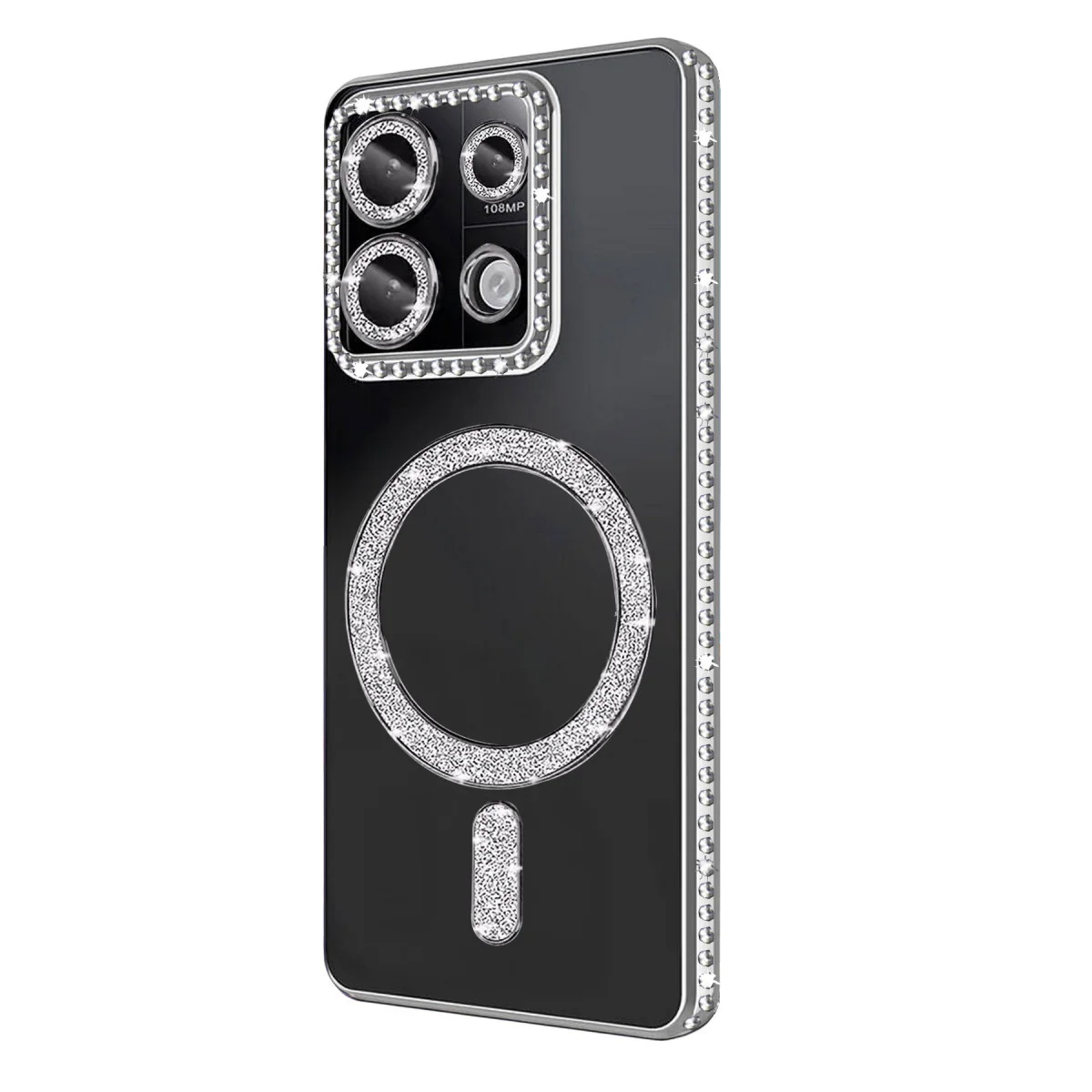 Note 13 Pro 4G Joke Simli Magneticsafe Kılıf - Gümüş TPU Kristal Arka Mat Kenar