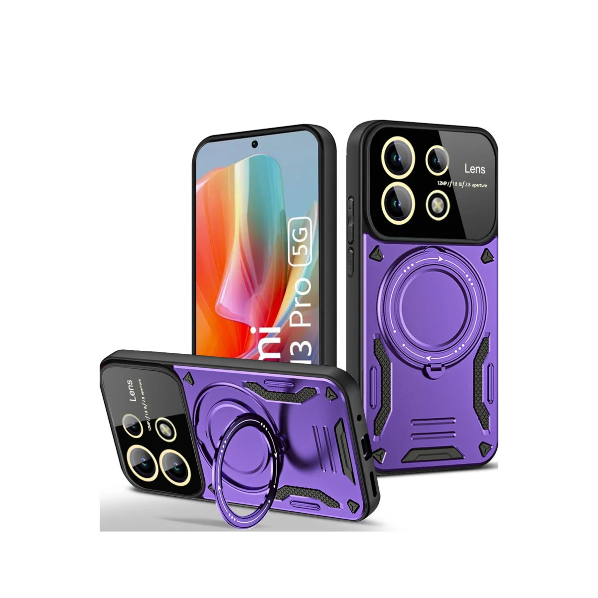 Note 13 Pro 4G Joy Lens Standlı Kapak - Mor - 360° Döner Parmak Halkalı Cep Telefonu Kılıfı