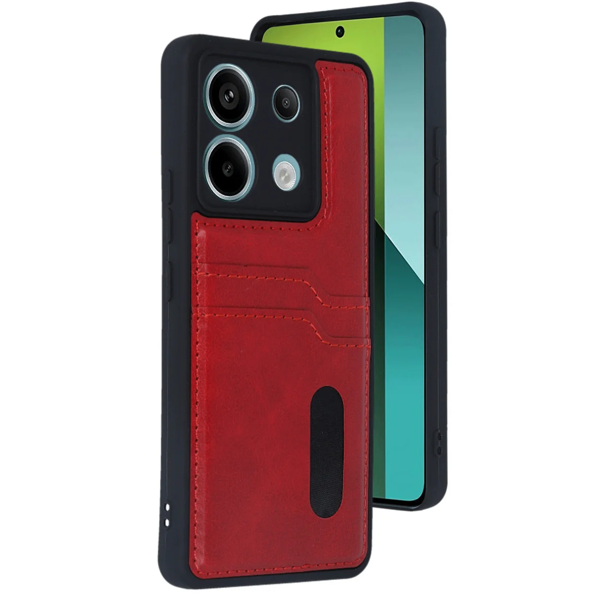 Note 13 Pro 5G Deri Kılıf - Kırmızı Kartvizitli ve 2 Yuvalı