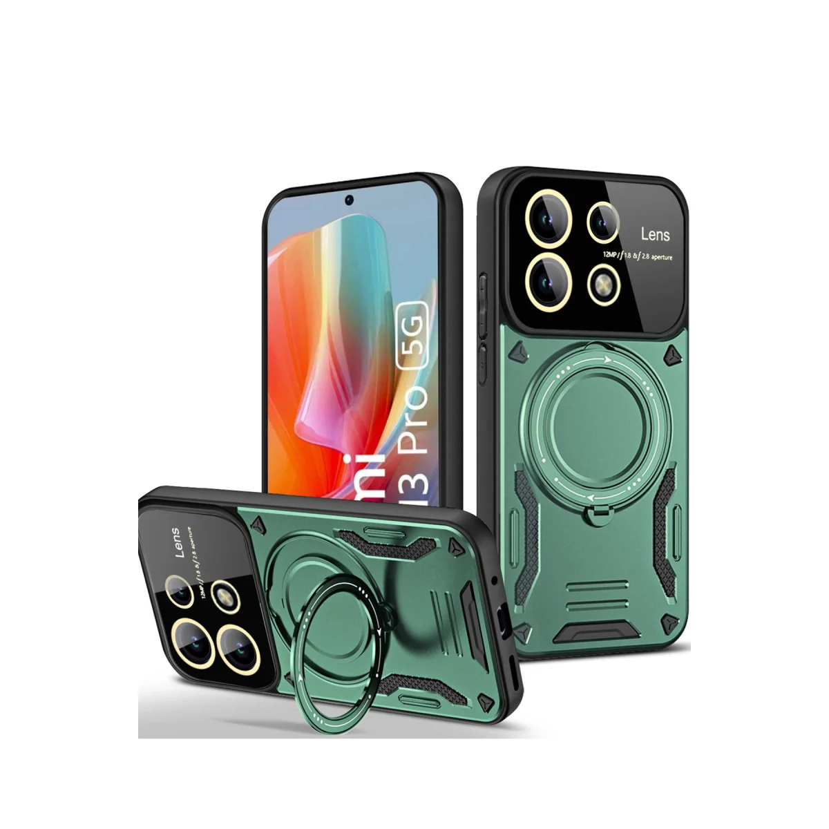 Note 13 Pro 5G Joy Lens Standlı Kılıf - Koyu Yeşil 360° Döner ve Katlanabilir