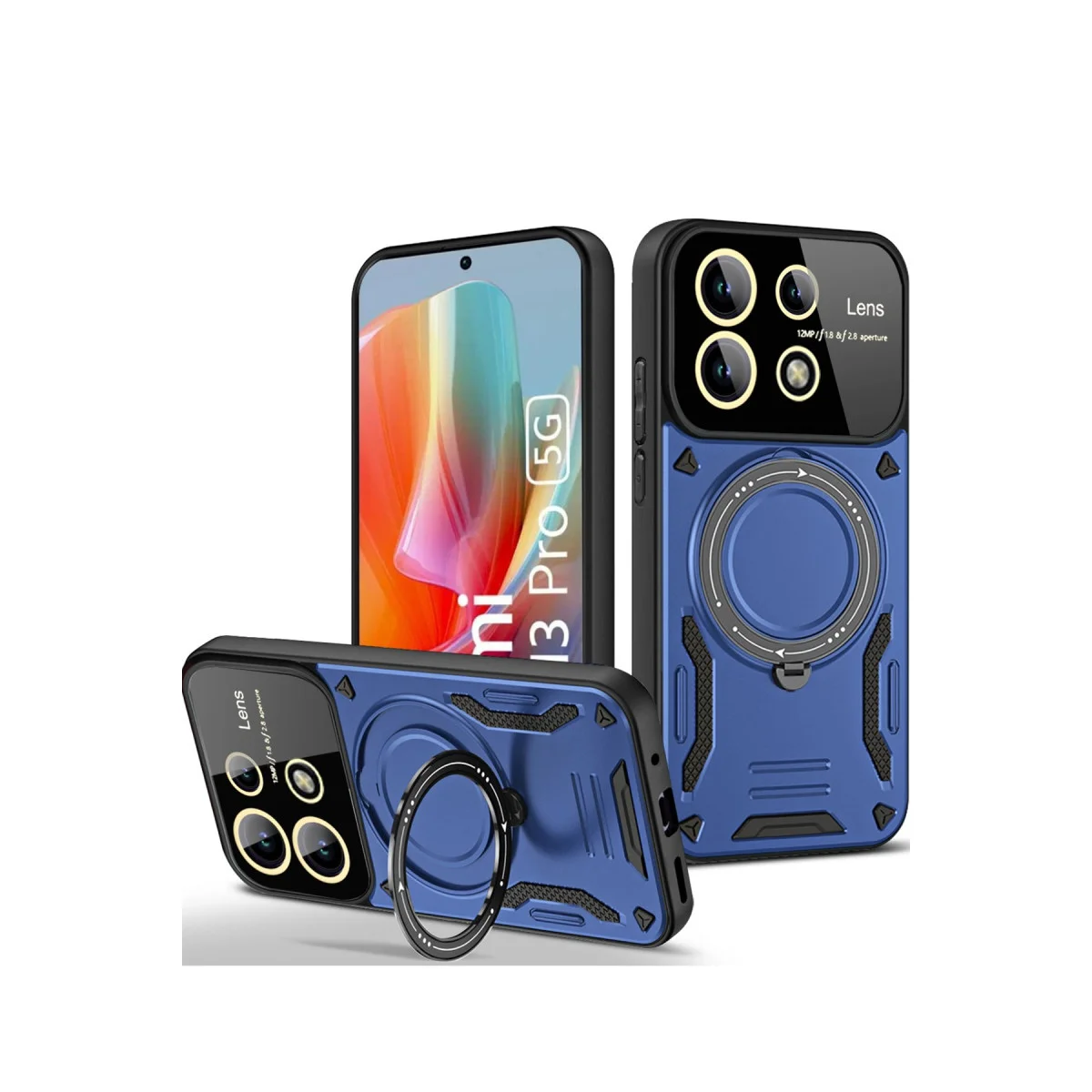 Note 13 Pro 5G Joy Lens Standlı Kılıf ve 360° Döner Halkalı Kılıf - Lacivert