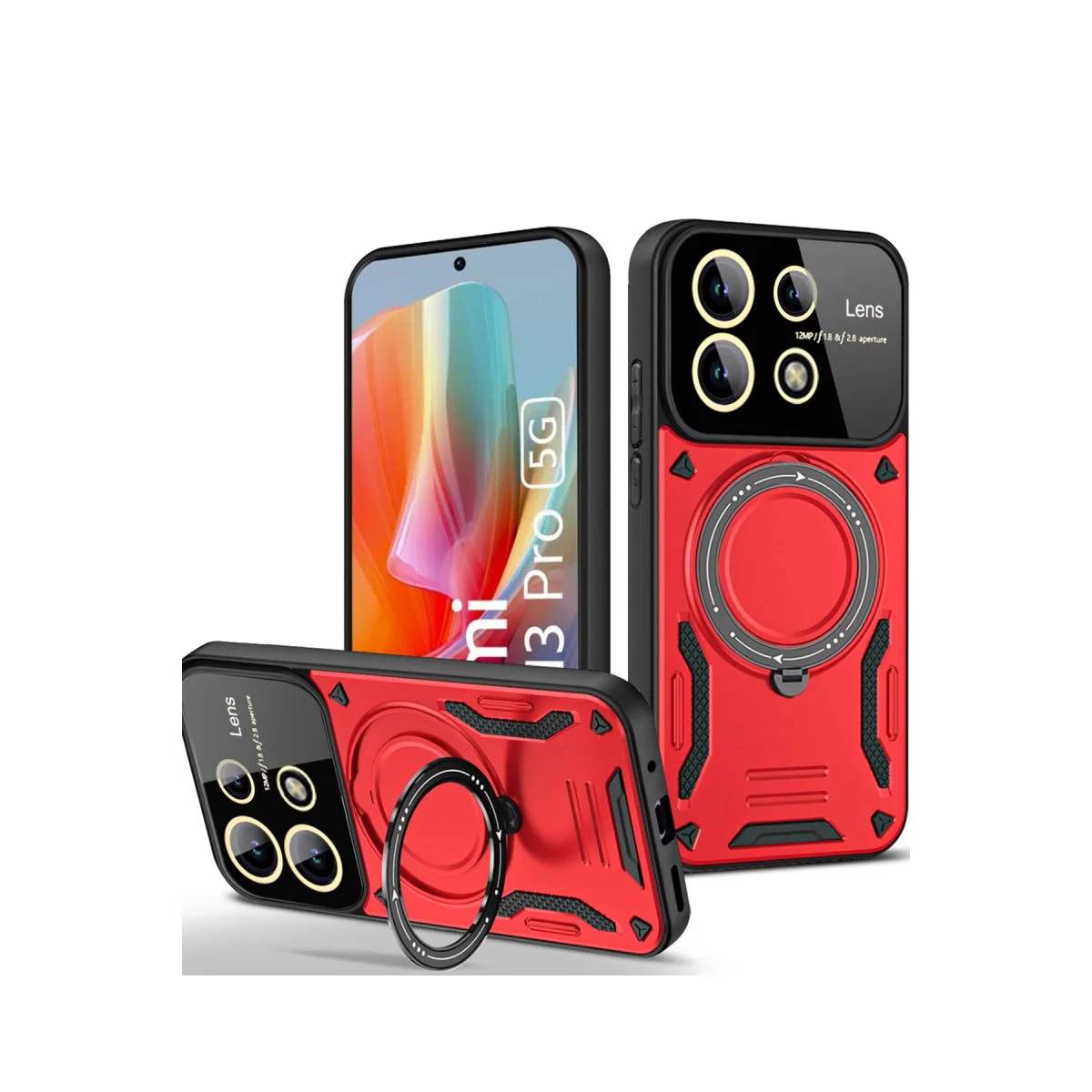 Note 13 Pro 5G Kılıf - Joy Lens Standlı Kırmızı Güçlü Koruma ve Çok Yönlü Stand