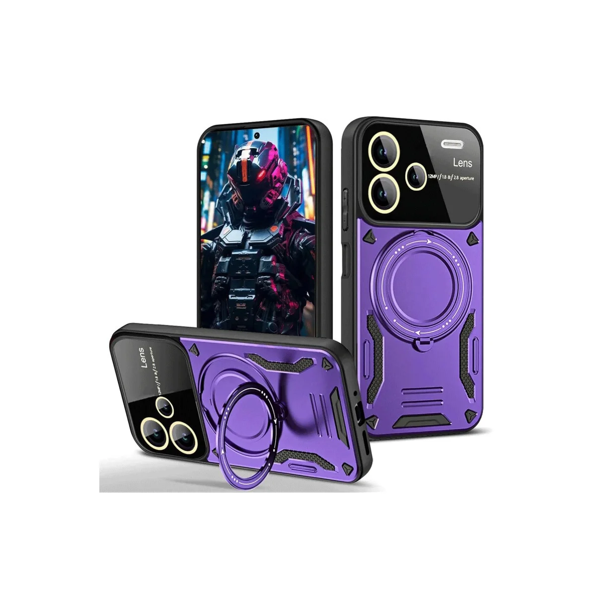Note 13 Pro Plus Joy Lens Standlı Kapak - Mor - 360° Döner Parmak Halkası ve Askeri Düzeyde Koruma