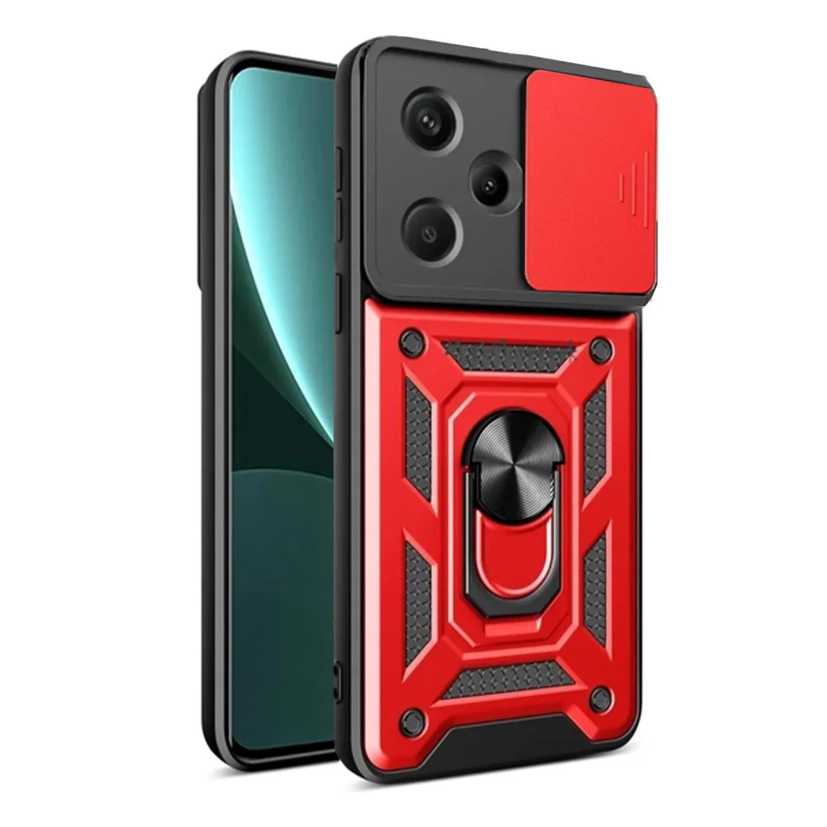 Note 13 Pro Plus Kamera Kılıfı - Kırmızı Silikon Pars Lens Kılıfı ve Standlı Koruma