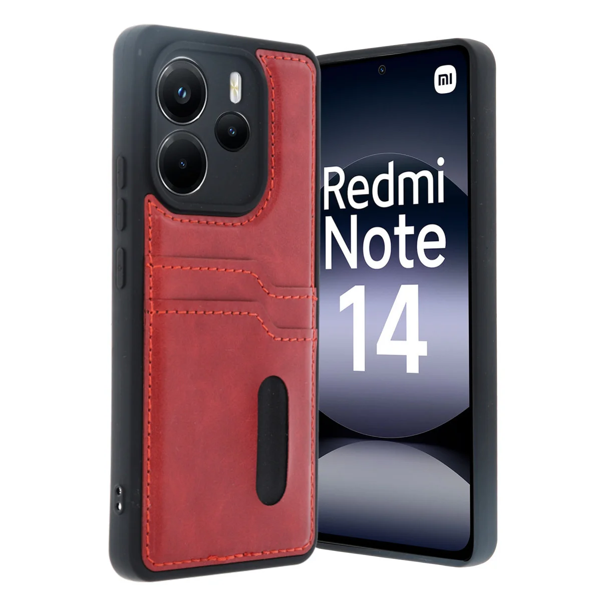 Note 14 4G Deri Kılıf - Kırmızı Sara Kartvizitli ve Tam Koruma
