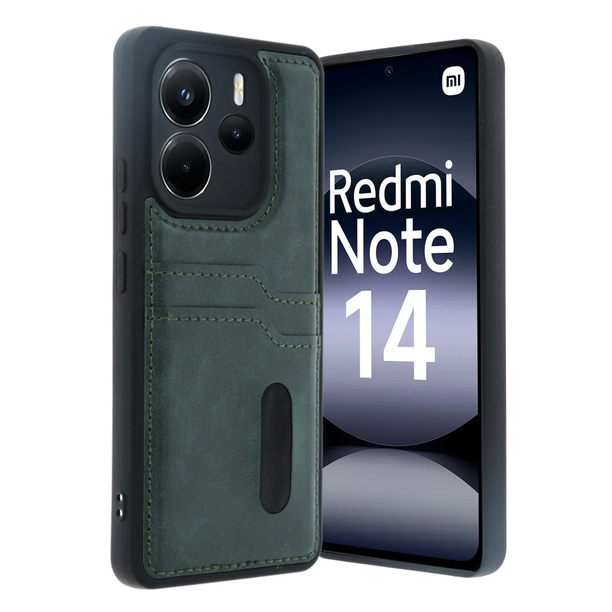 Note 14 4G Deri Kılıf - Koyu Yeşil Sara Kartvizitli ve Tam Koruma