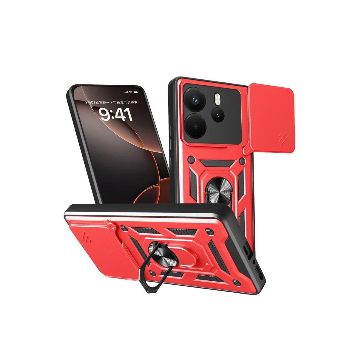 Note 14 4G Pars Lens Silikon Kılıf - Kamera Koruma, Darbe Önleyici ve Metal Standlı Kırmızı