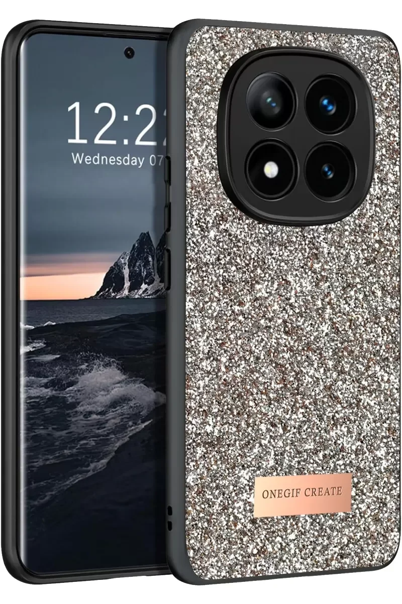 Note 14 Pro 4G ile Uyumlu Bright Simli Kapak - Gold Boncuk İşlemeli