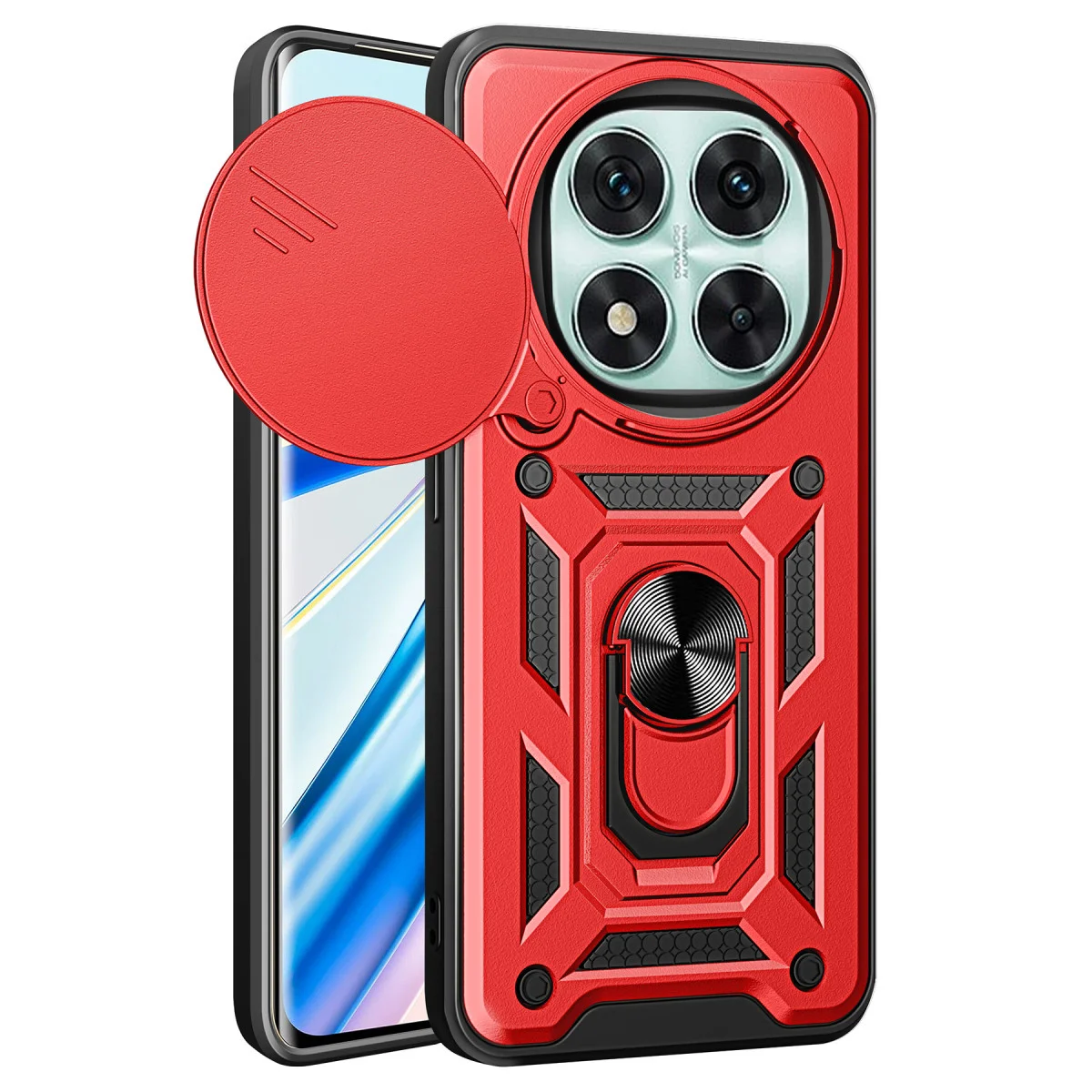 Note 14 Pro 4G Silikon Kılıf - Kırmızı Pars Lens Yüzüklü, Metal Standlı ve Tam Korumalı