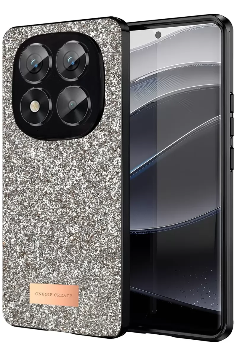 Note 14 Pro 5G ile Uyumlu Bright Simli Kapak - Gold Boncuk İşlemeli Şık Koruyucu Kılıf