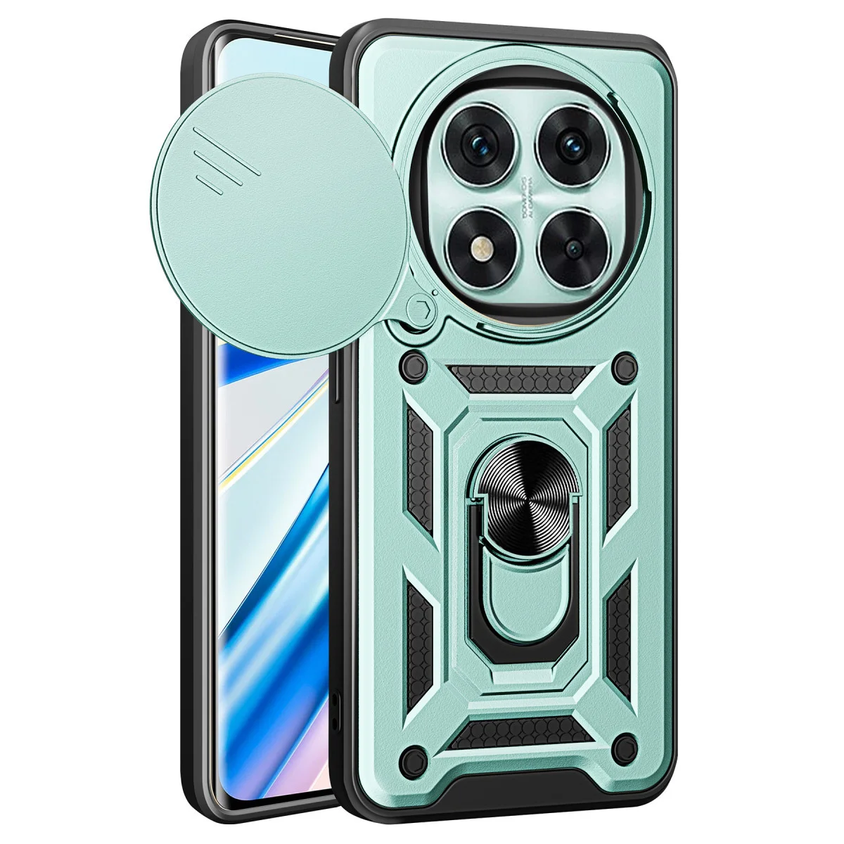 Note 14 Pro 5G Silikon Kılıf - Yeşil, Lens Korumalı ve Metal Standlı (Pars Serisi)