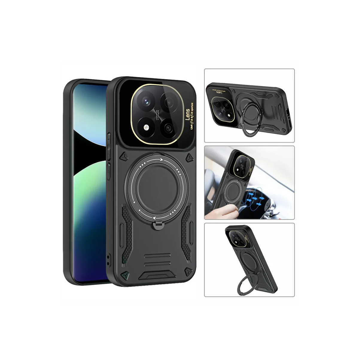 Note 14 Pro Plus Kılıf Joy Lens Standlı Siyah Kapak - 360 Döner Parmak Halkası ve Stand
