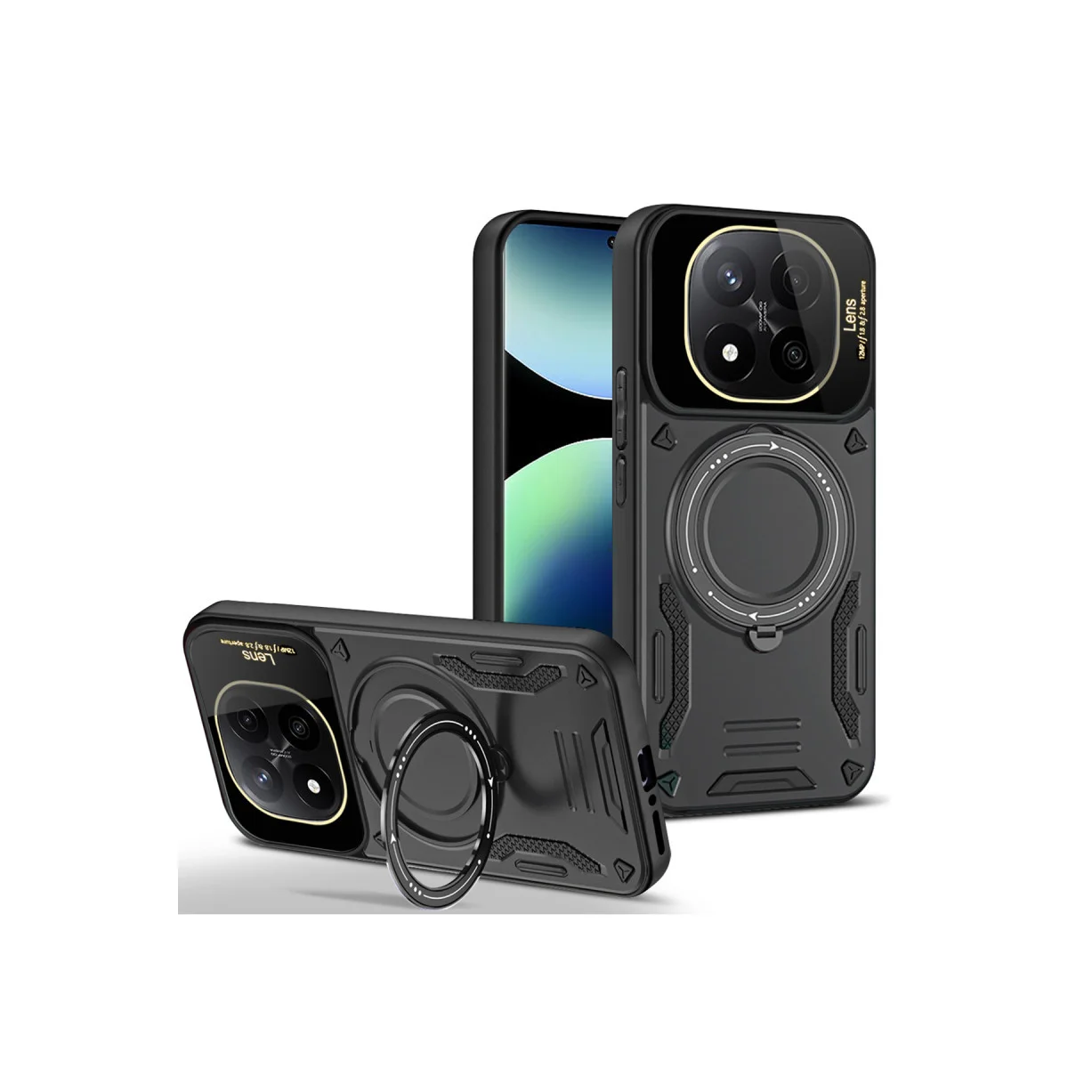 Note 14 Pro Plus Kılıf Joy Lens Standlı Siyah Kapak - 360 Döner Parmak Halkası ve Stand