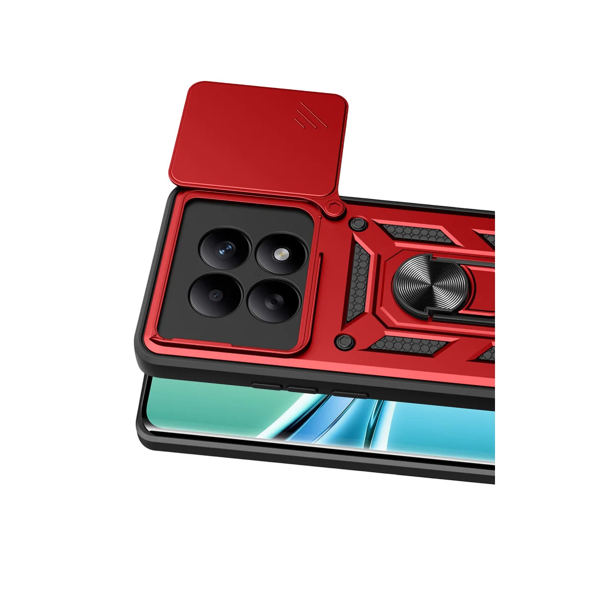 Note 15 4G Pars Lens Yüzüklü Silikon Kılıf - Kamera Korumalı ve Metal Standlı (Kırmızı)