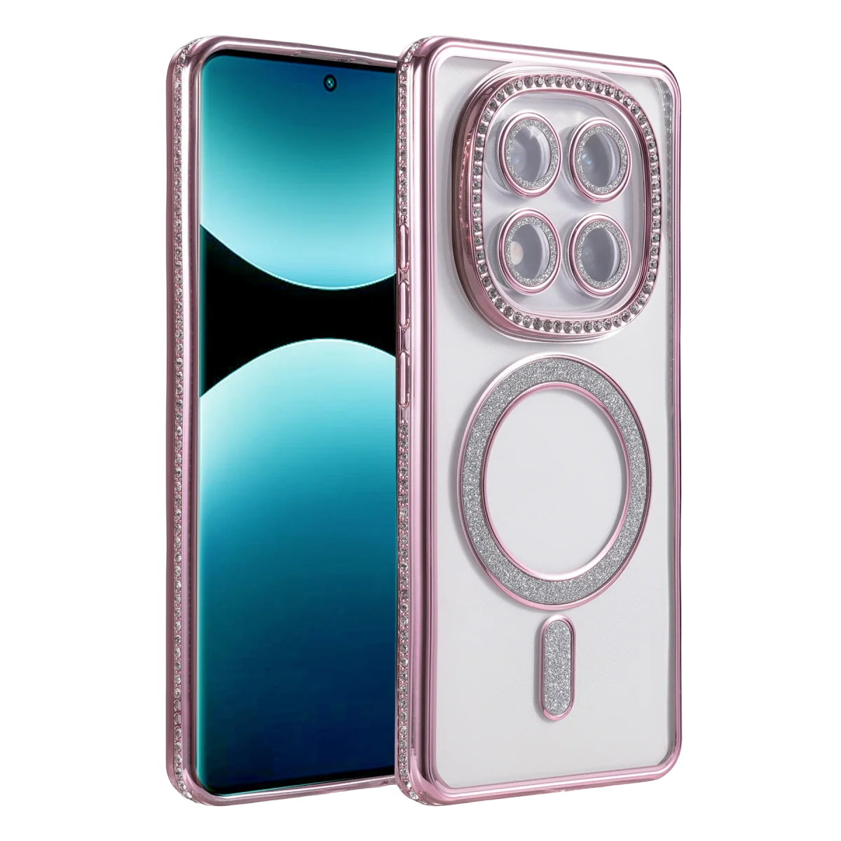 Note 15 Pro 5G Joke Simli Magneticsafe Kılıf - Pembe, Kristal Arka ve Darbe Emici TPU