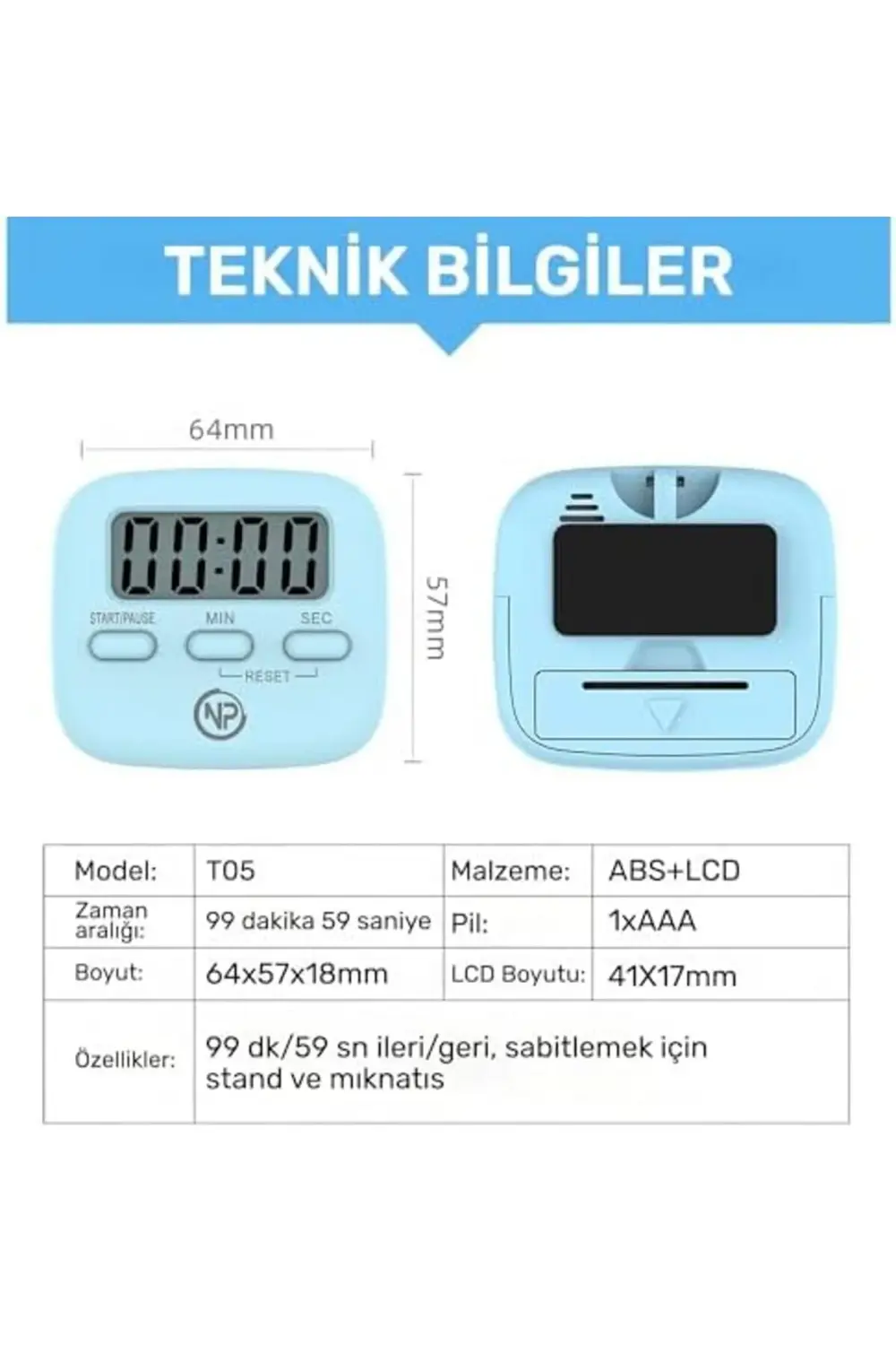 NPT05M Mutfak,Ders,Yemek için 99:59dk Dijital Alarm Kronometre,Po