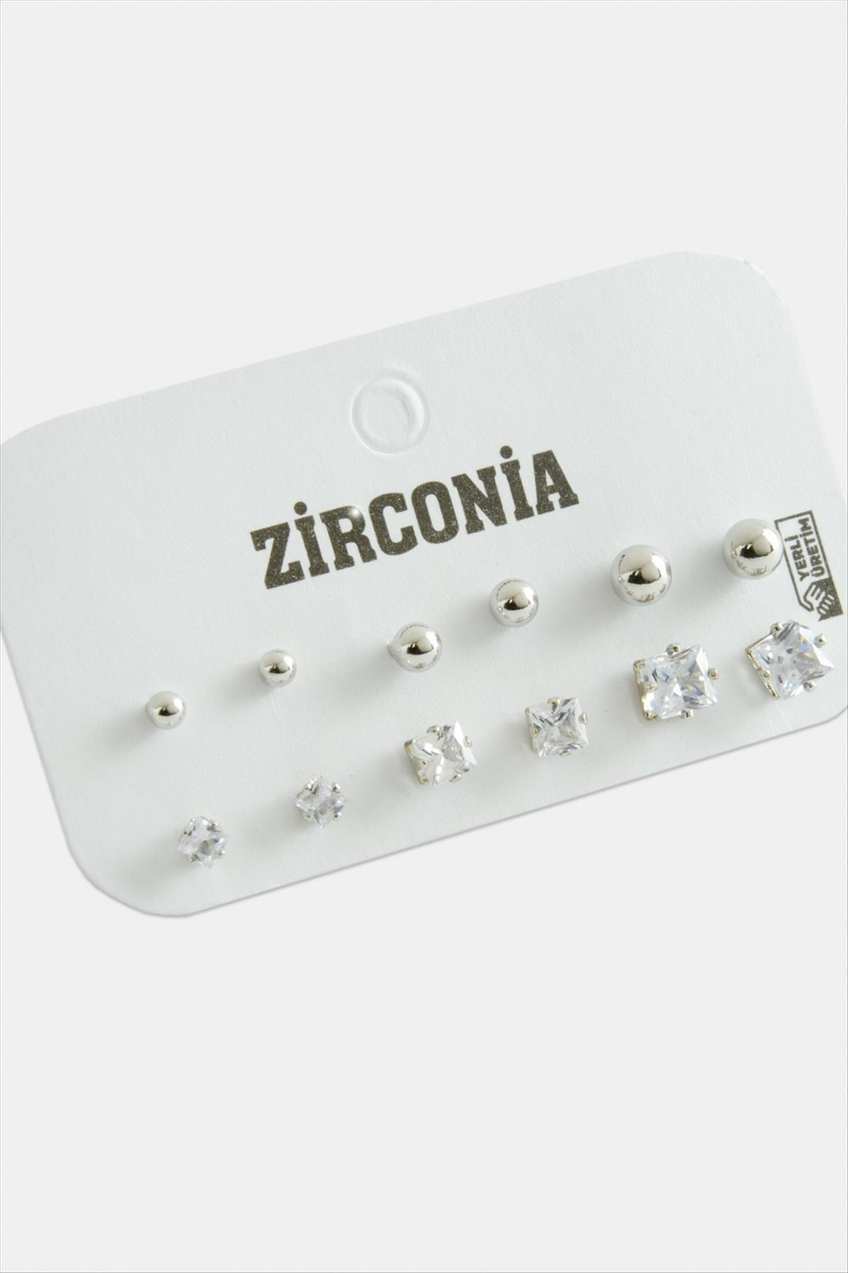 NRZSNT 12 Adet Kare Zirkon Tek Taşlı (165758) Küpe-Gümüş Rengi