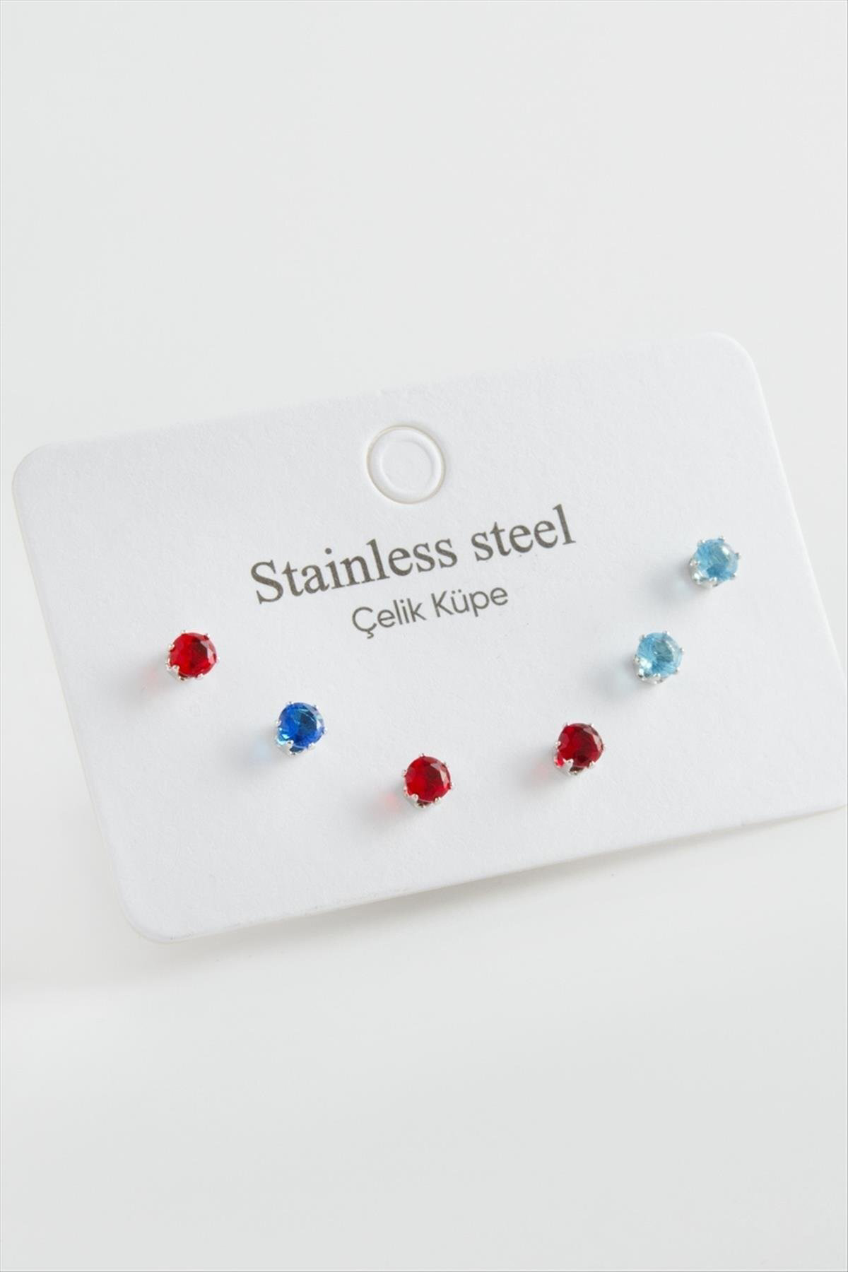 NRZSNT 6 Adet Yuvarlak Zirkon Tek Taşlı Çelik (133429) Küpe-Gümüş