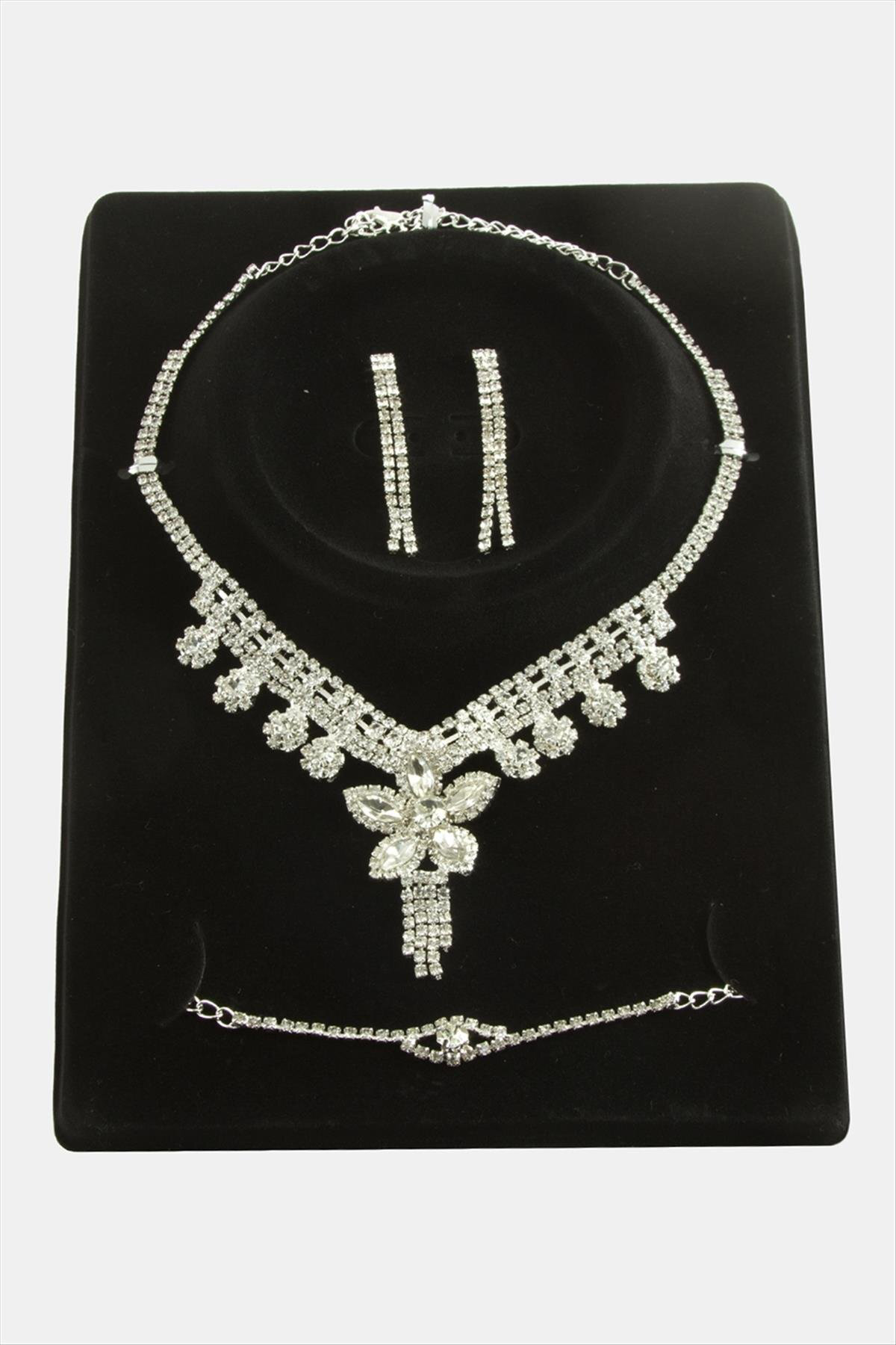 NRZSNT Çiçek Taşlı Lüks Set (132713) Kolye-Gümüş Rengi