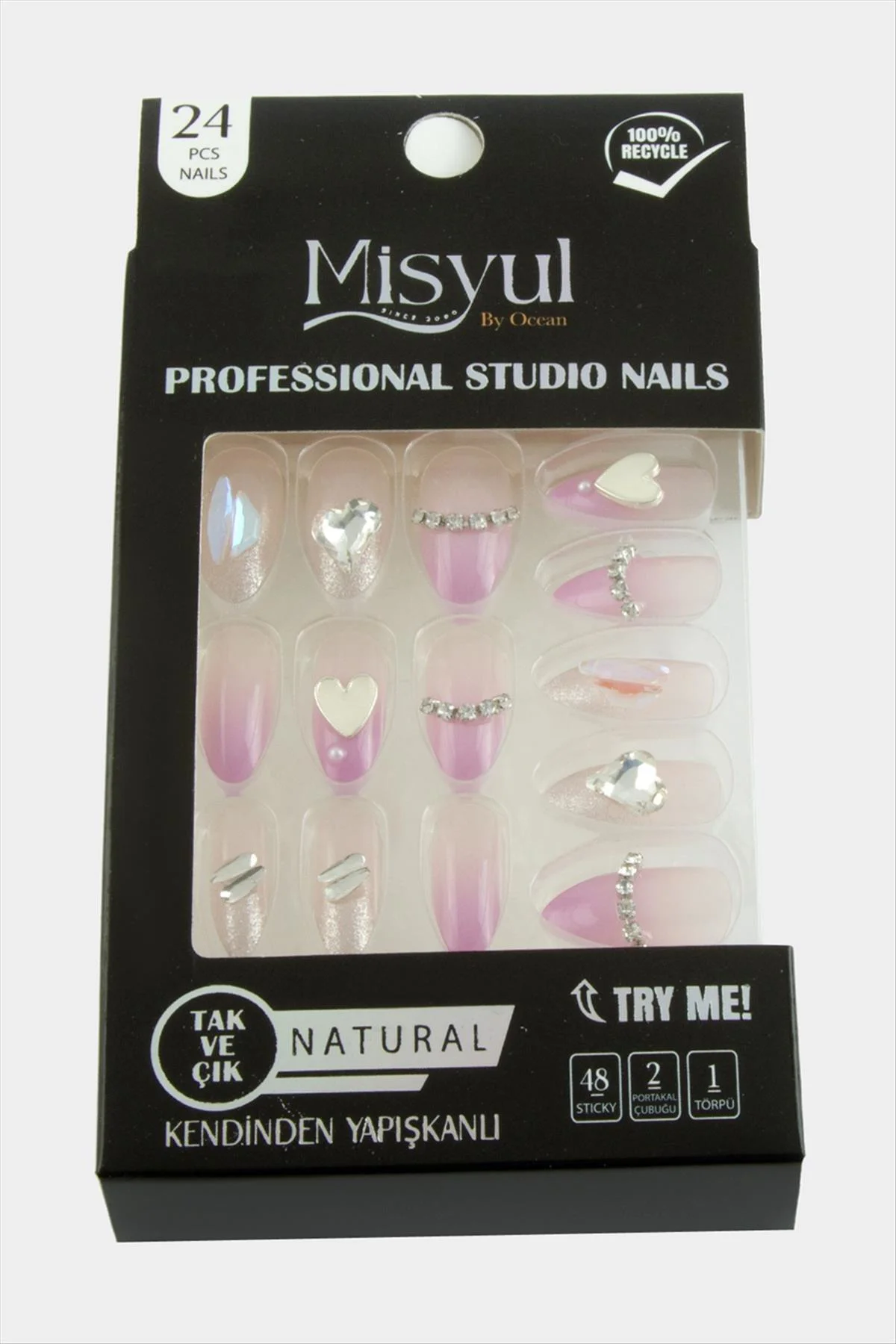 NRZSNT Misyul Taşlı Takma Tırnak (131409) 24 Adet-Pembe