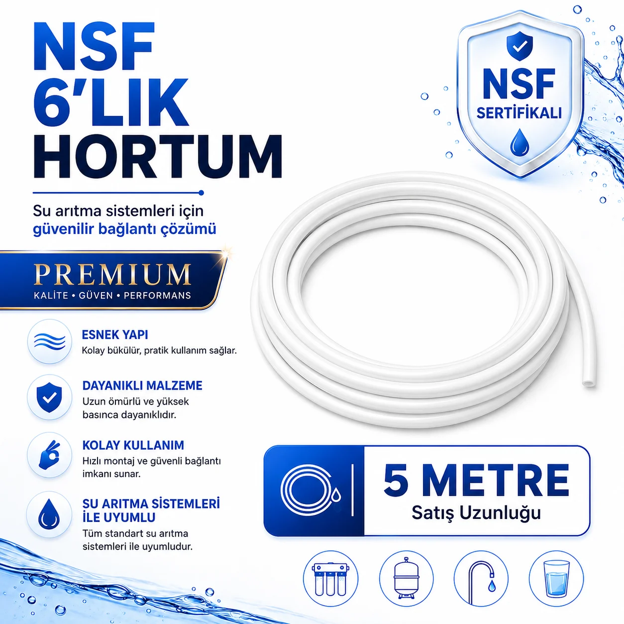 NSF Sertifikalı Premium 6'lık Su Arıtma Hortumu 5 Metre - Beyaz Fiyatı, Yorumları ve Özellikleri