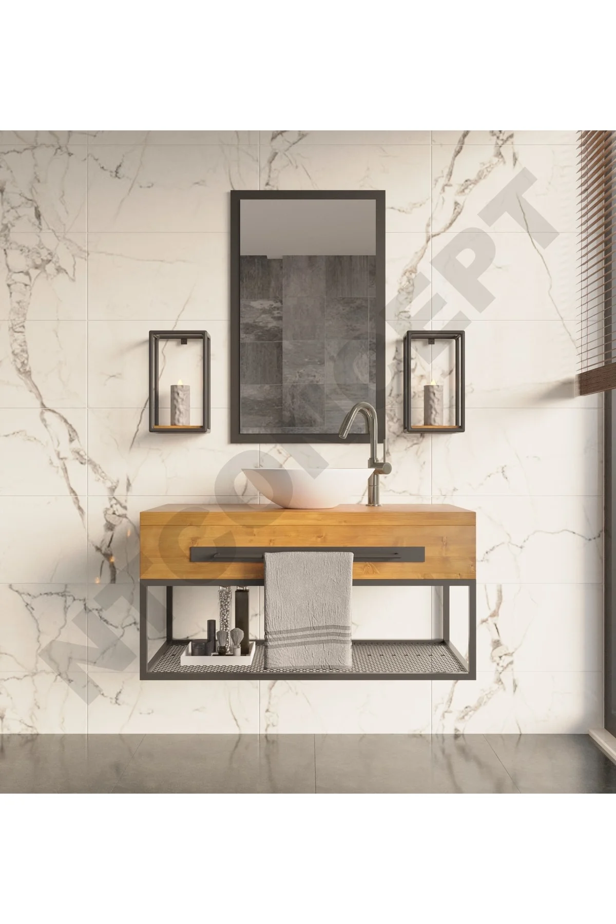 Ntconcept Artes Ayna Çerçeveli Masif Ahşap Lavabo Dolabı Hilton(9