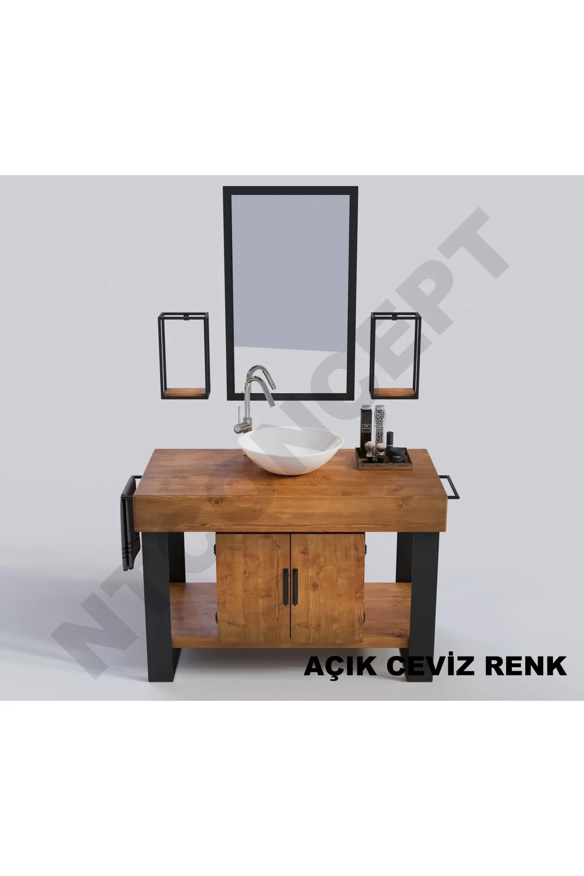 Ntconcept Arwen Ayna Çerçeveli Masif Ahşap Lavabo Dolabı Hilton(1
