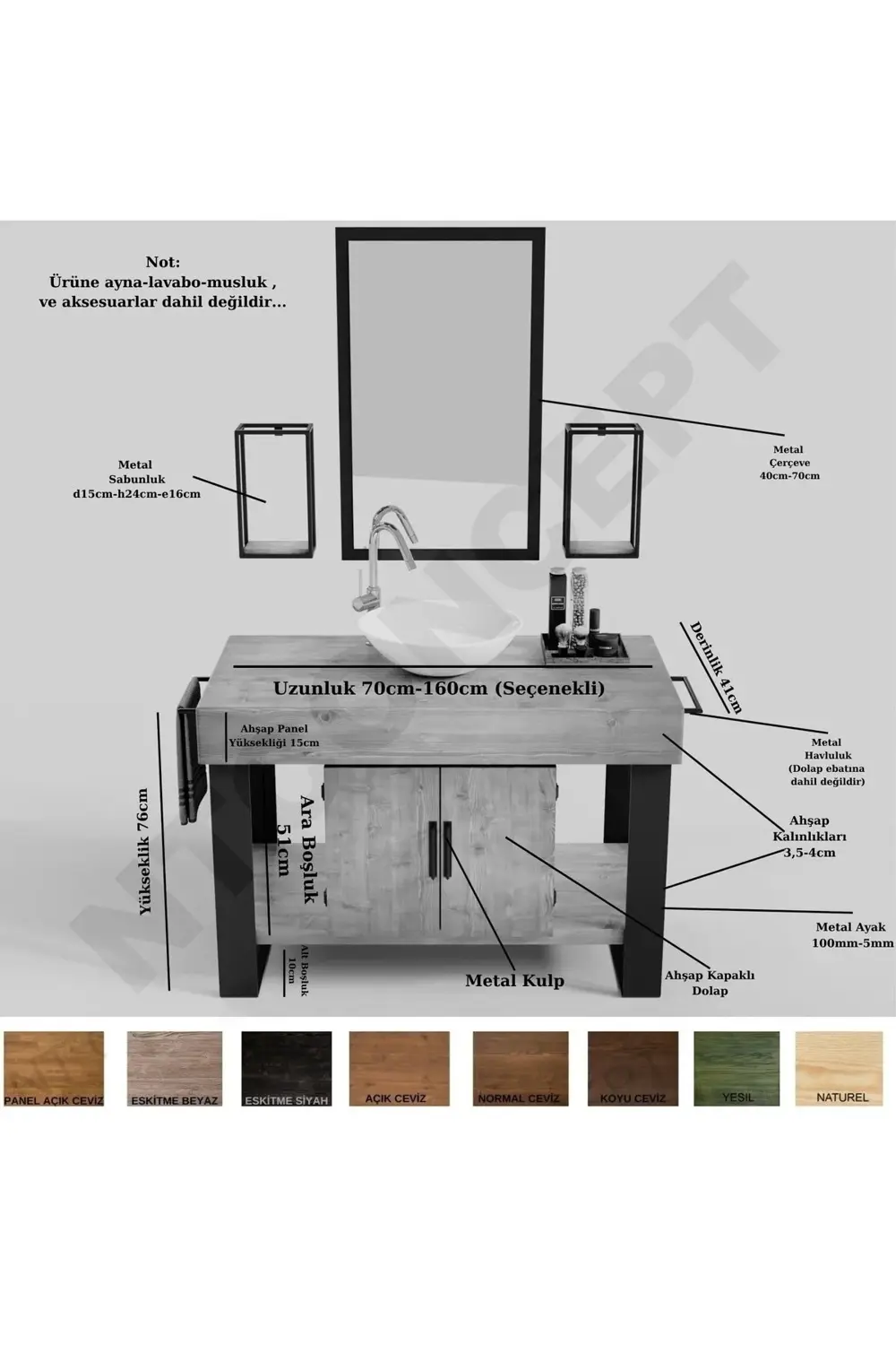 Ntconcept Arwen Masif Ahşap Lavabo Hilton(Uzunluk 130cm-Yükseklik