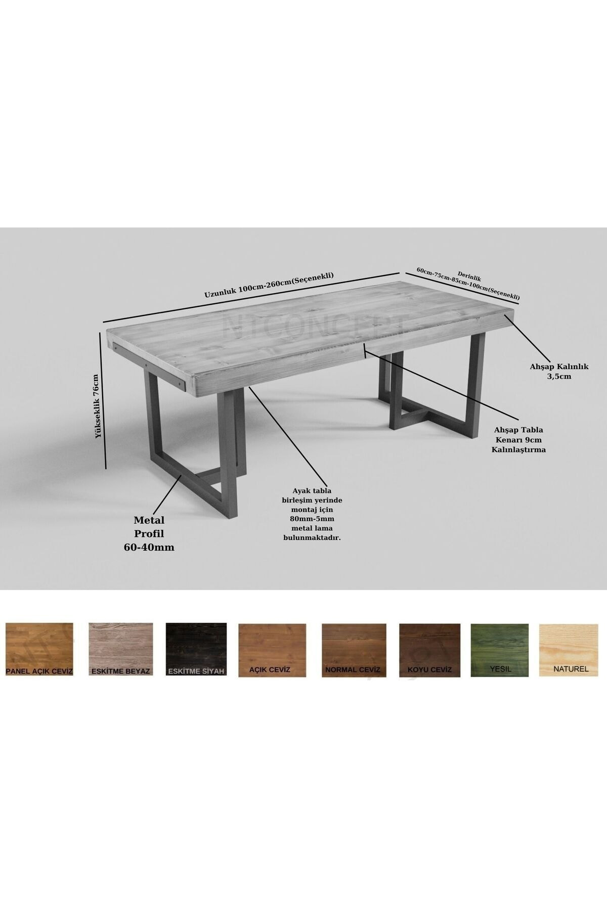 Ntconcept Doğal Ahşap Yemek Masası - (Uzunluk 250cm-Derinlik 85cm