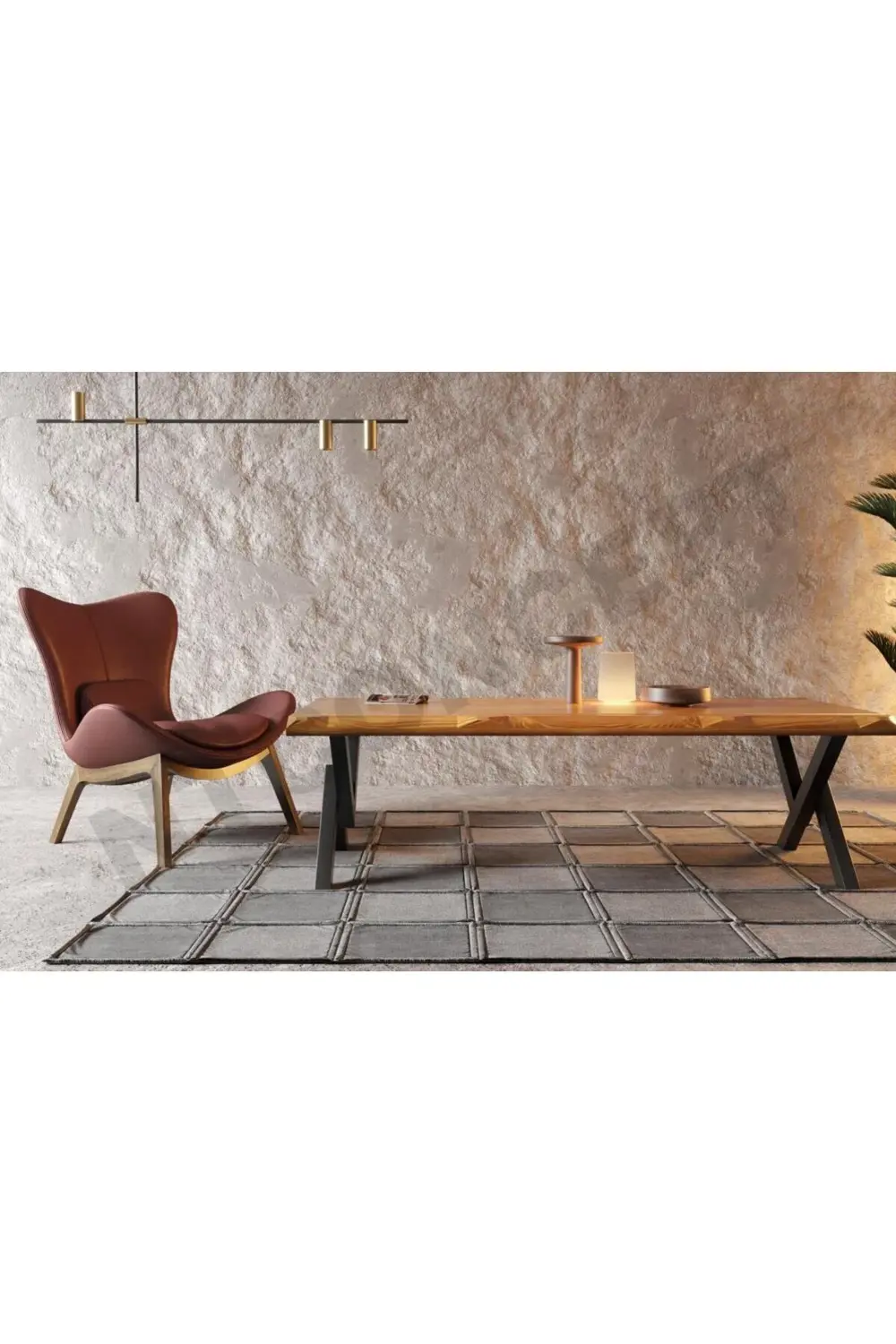 Ntconcept Doğal Ahşap Açık Ceviz Renk V Ayak Sehpa(Uzunluk 100cm-