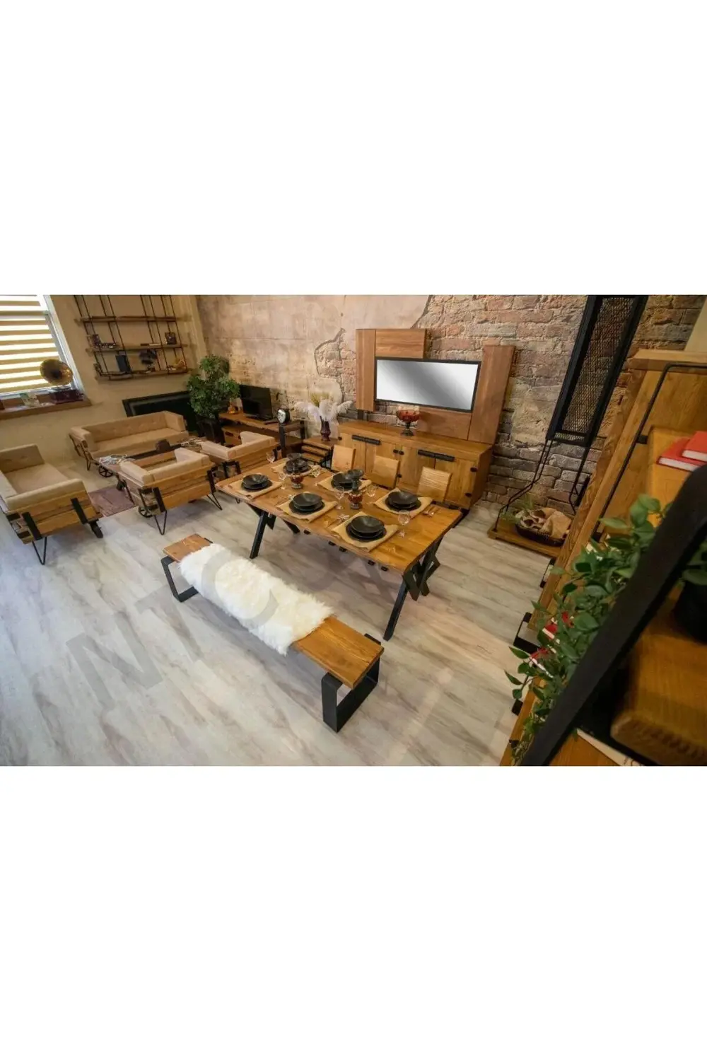 Nt Concept Ntconcept Doğal Ahşap Sandalyeli Banklı Masa Takımı(85Cm-210Cm Ma