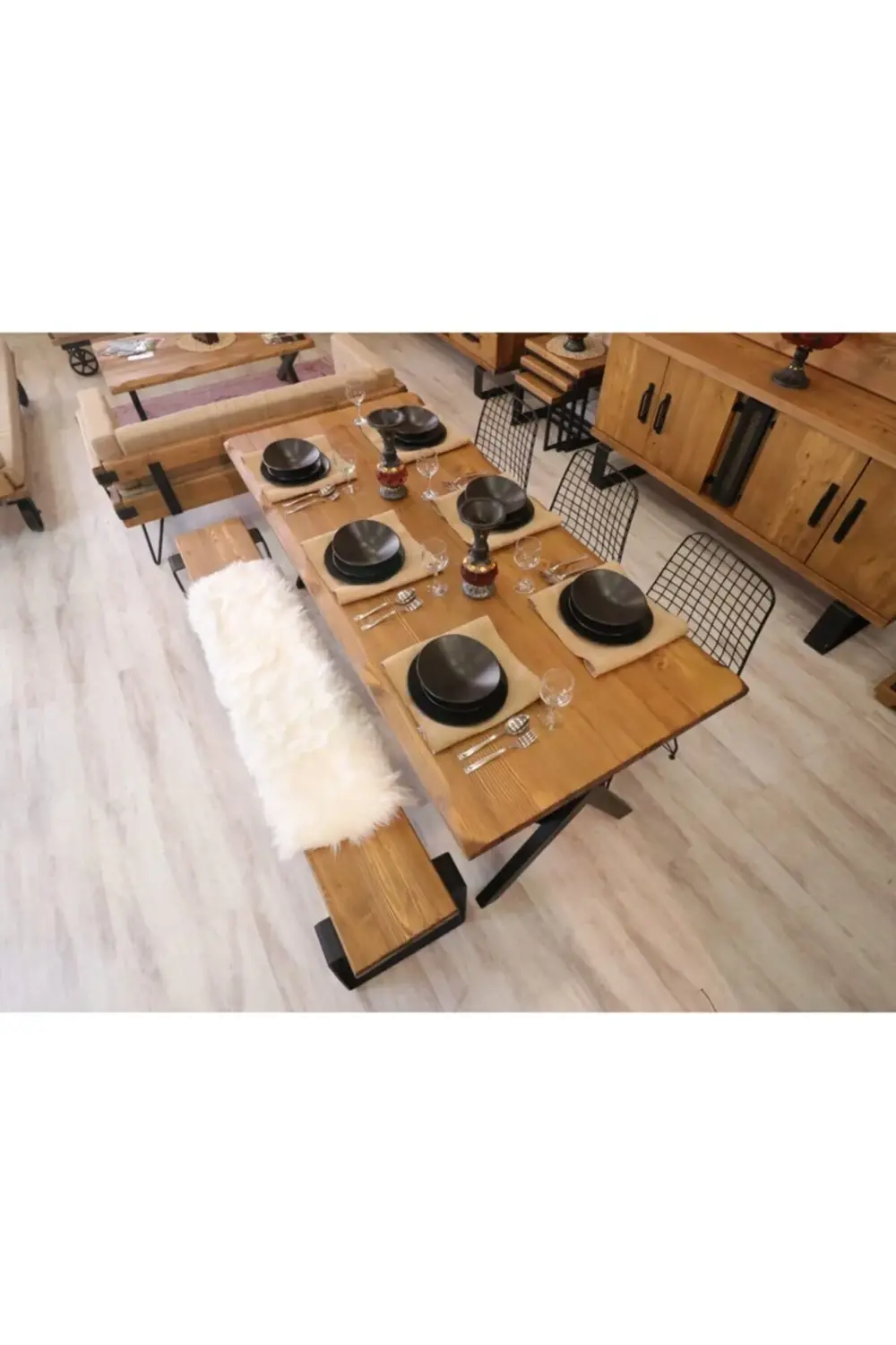 Nt Concept Ntconcept Doğal Ahşap Sandalyeli Banklı Masa Takımı(85Cm-210Cm Ma