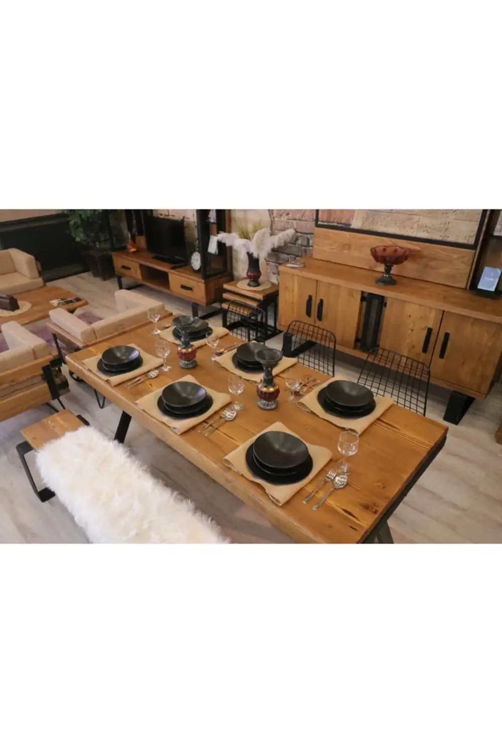 Nt Concept Ntconcept Doğal Ahşap Sandalyeli Banklı Masa Takımı(85Cm-185Cm Ma