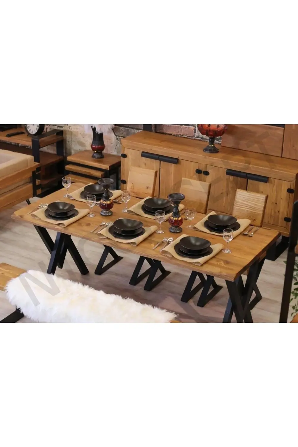 Nt Concept Ntconcept Doğal Ahşap Sandalyeli Banklı Masa Takımı(85Cm-210Cm Ma