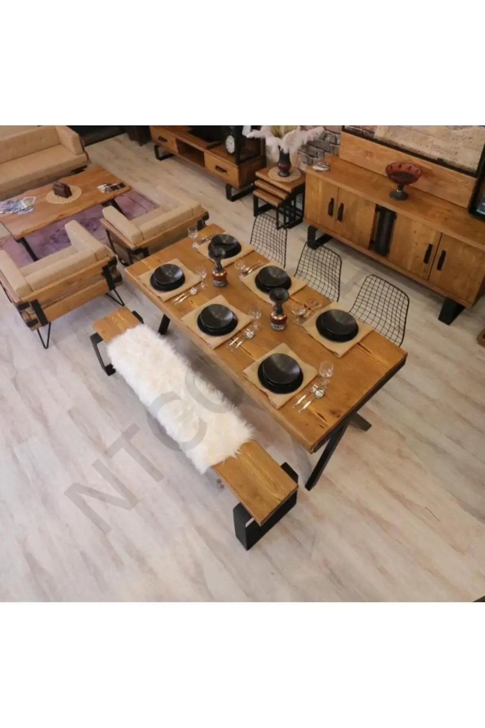 Nt Concept Ntconcept Doğal Ahşap Sandalyeli Banklı Masa Takımı(100Cm-210Cm M