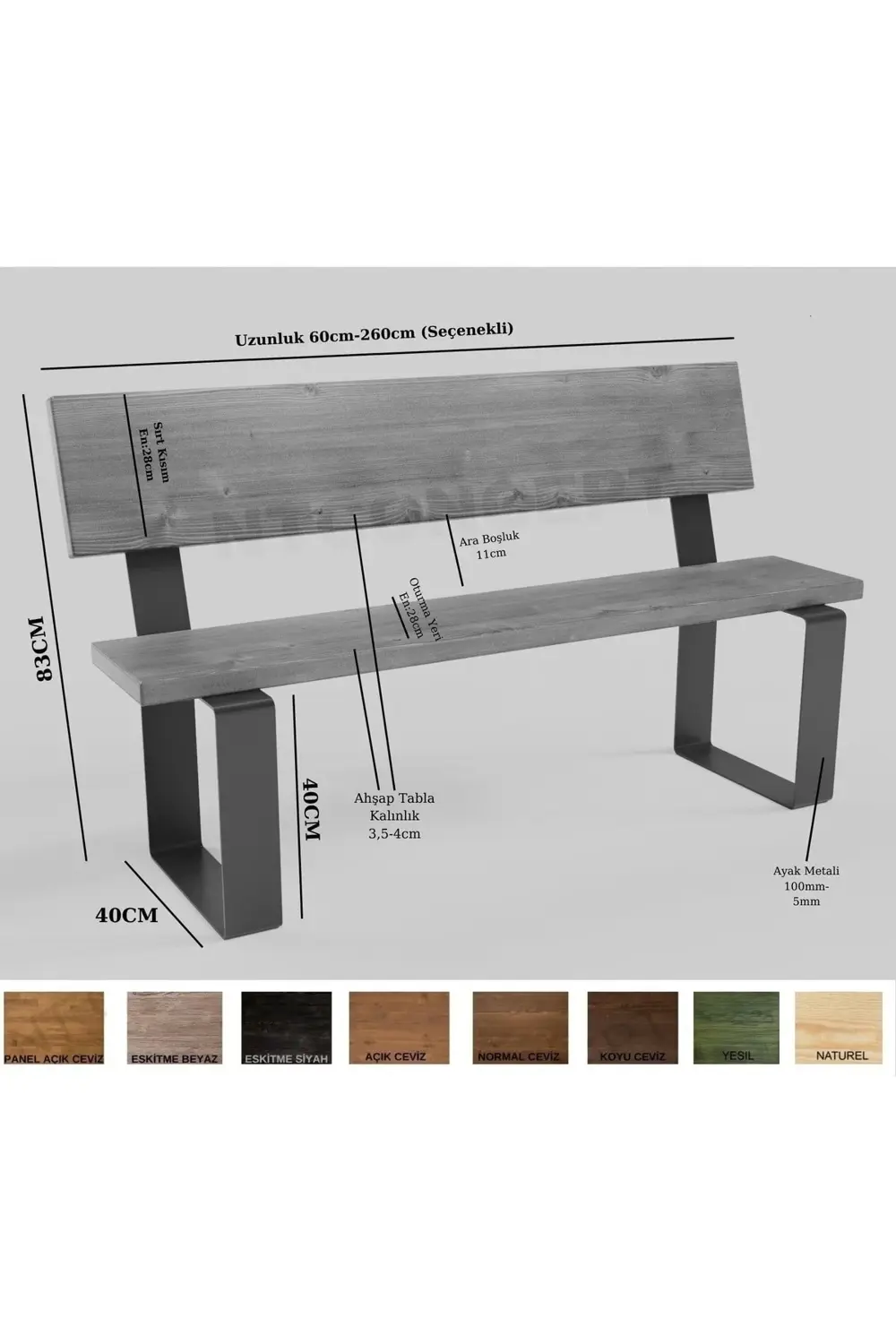 Ntconcept Doğal Ahşap Sırtlı Bank - (Uzunluk 170cm-Derinlik 40cm-