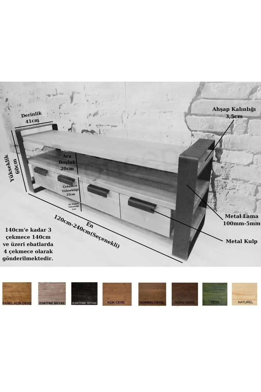 Ntconcept Doğal Ahşap Tv Stand(Uzunluk 140cm-Yükseklik 60cm-Derin