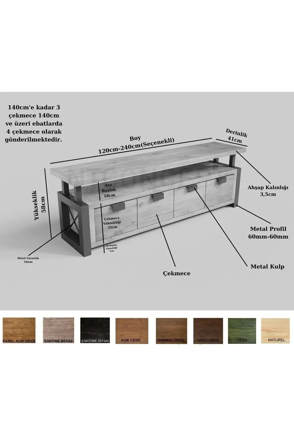 Ntconcept Doğal Ahşap Tv Stand(Uzunluk 220cm-Yükseklik 60cm-Derin