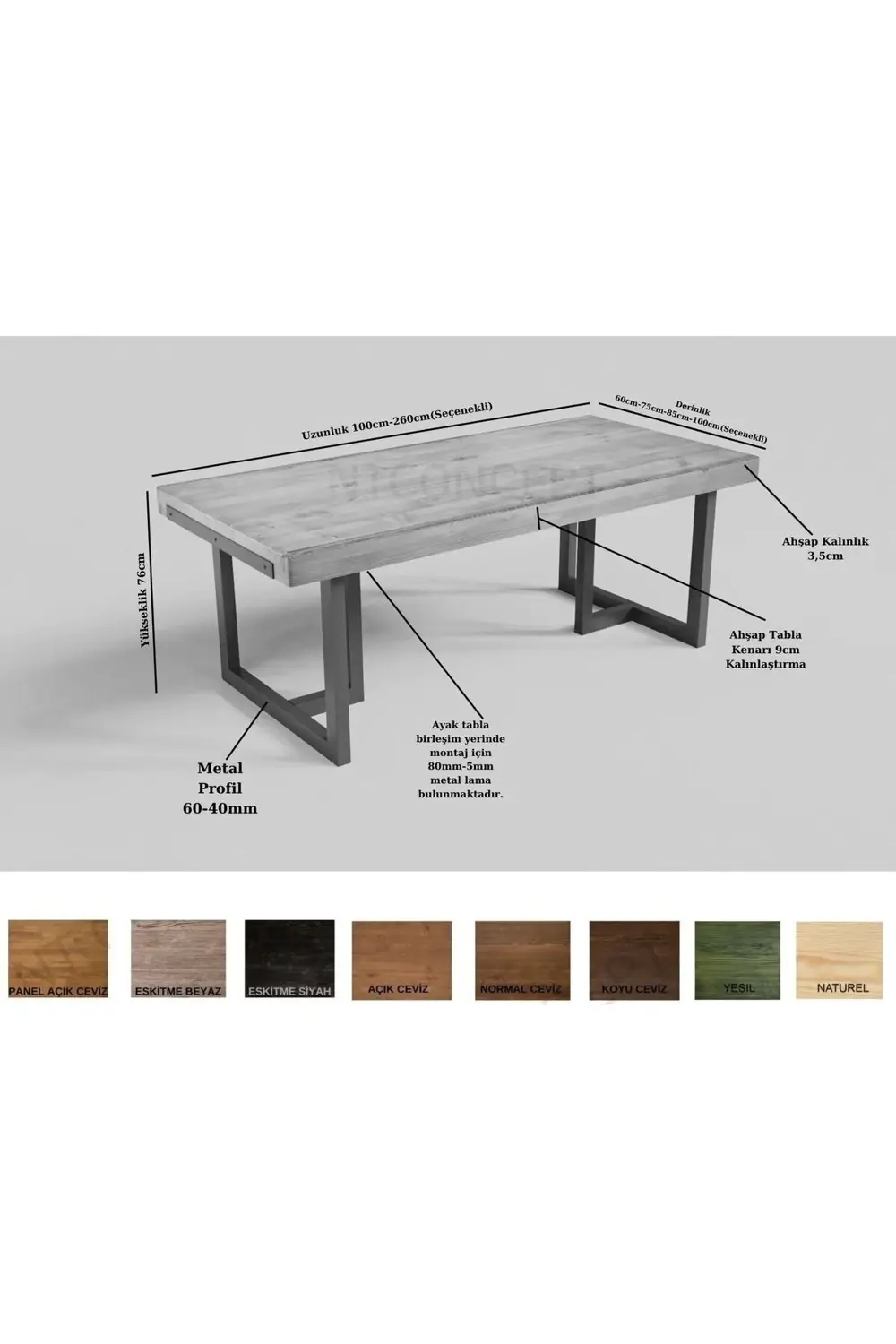 Ntconcept Doğal Ahşap Yemek Masası - (Uzunluk 250cm-Derinlik 85cm