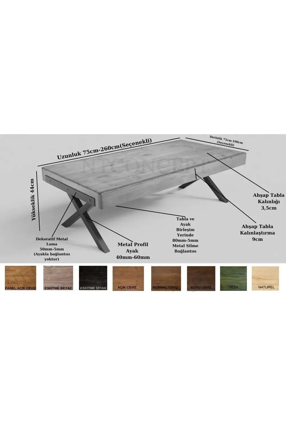 Ntconcept Doi X Ayak Masif Ahşap Sehpa 75 Cm-180 Cm H44 Cm