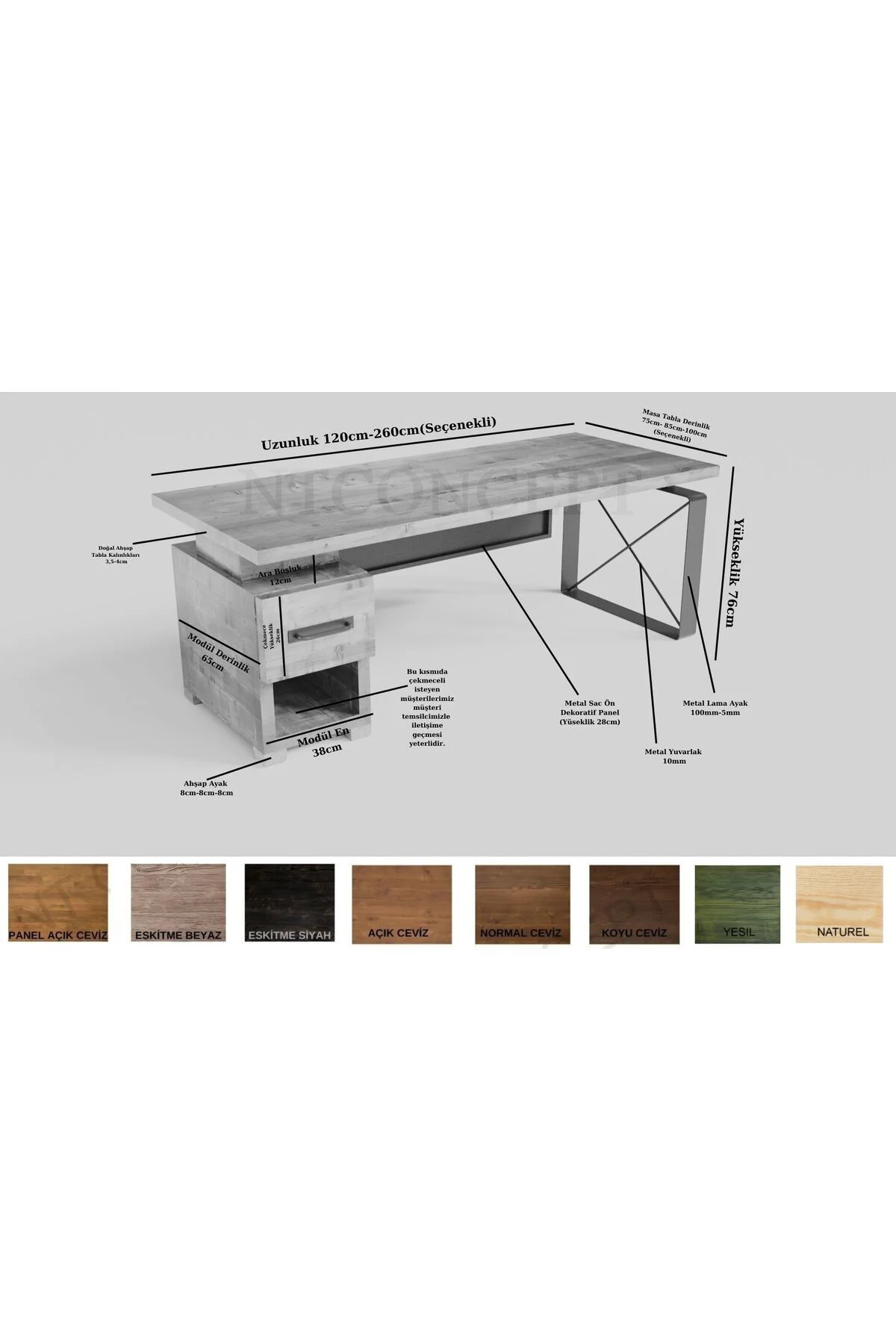 Ntconcept Kena Doğal Ahşap Ofis Masası(100CM-200CM)