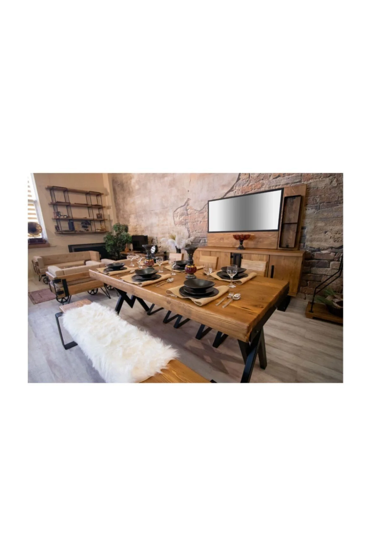 Ntconcept Masif Ağaç Yemek Masası Takımı- 85cm-210cm Masa+210cm Bank+5 Adet Loft Sandalye Ntconcept Masif Ağaç Yemek Masası Takımı- 85cm-210cm Masa+210cm Bank+5 Adet Loft Sandalye