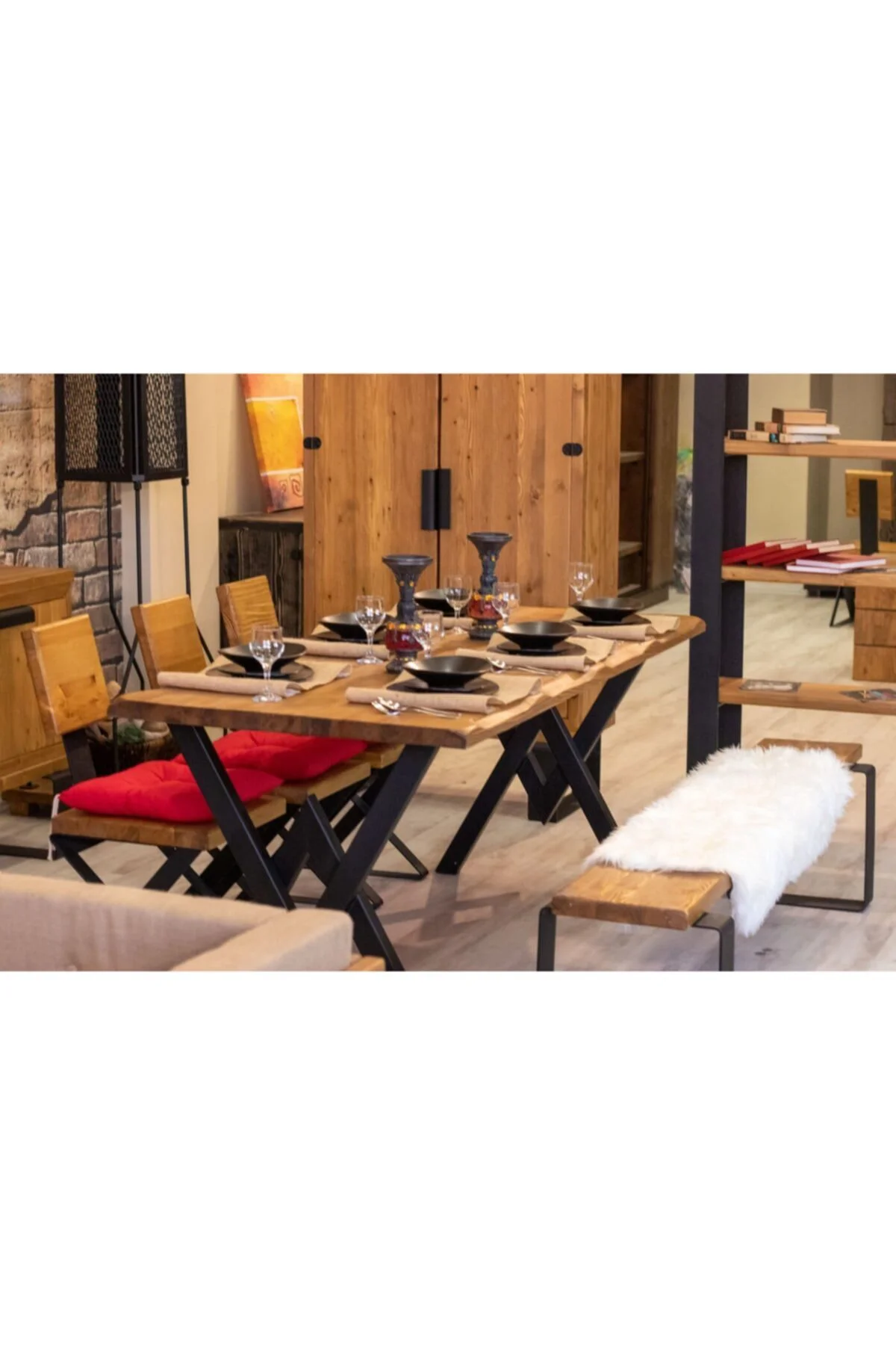 Ntconcept Masif Ağaç Yemek Masası Takımı- 85cm-185cm Masa+185cm Bank+3 Adet Loft Sandalye