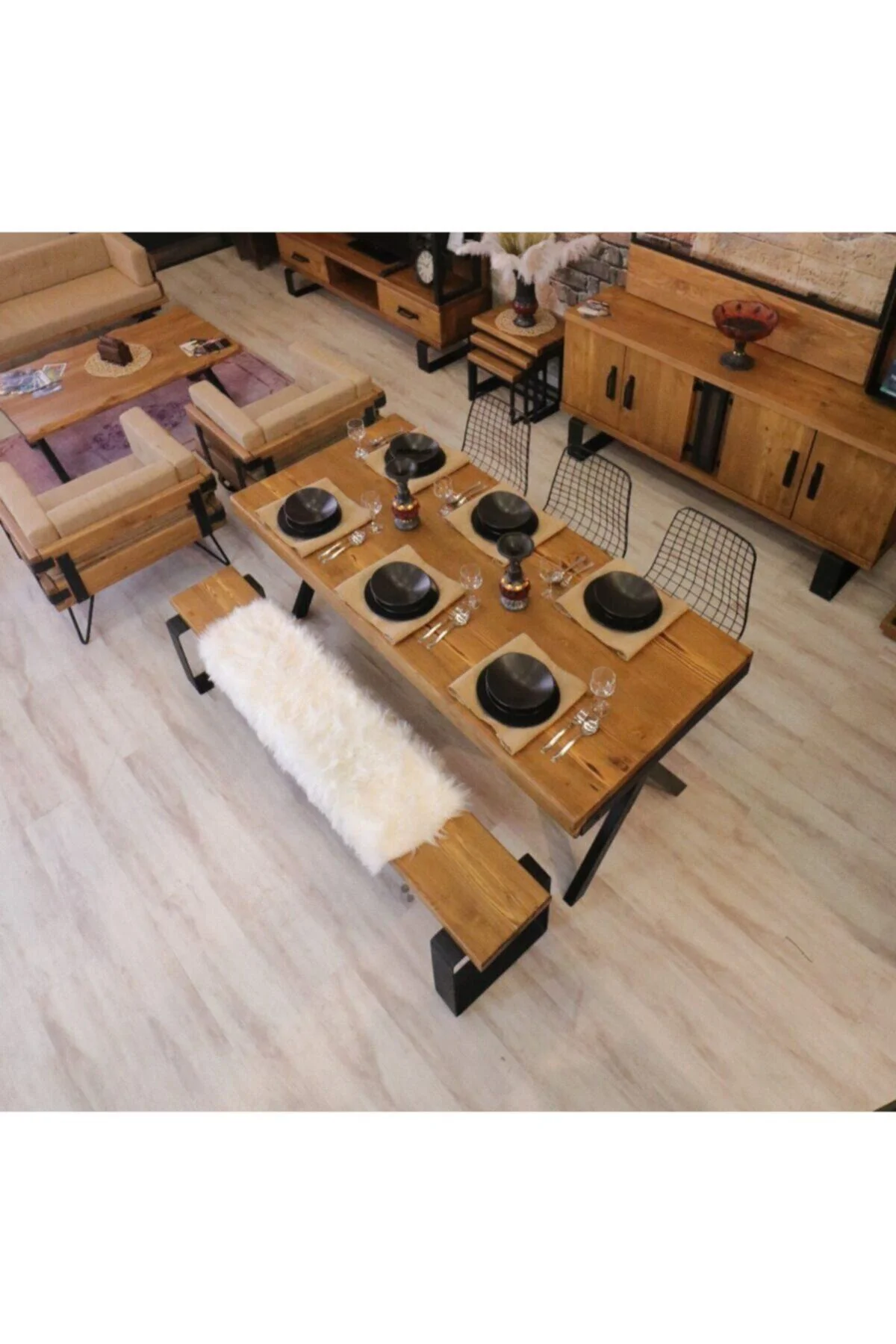 Ntconcept Masif Ağaç Mutfak Masası(85cm-150cm Masa+150cm Bank+4 S