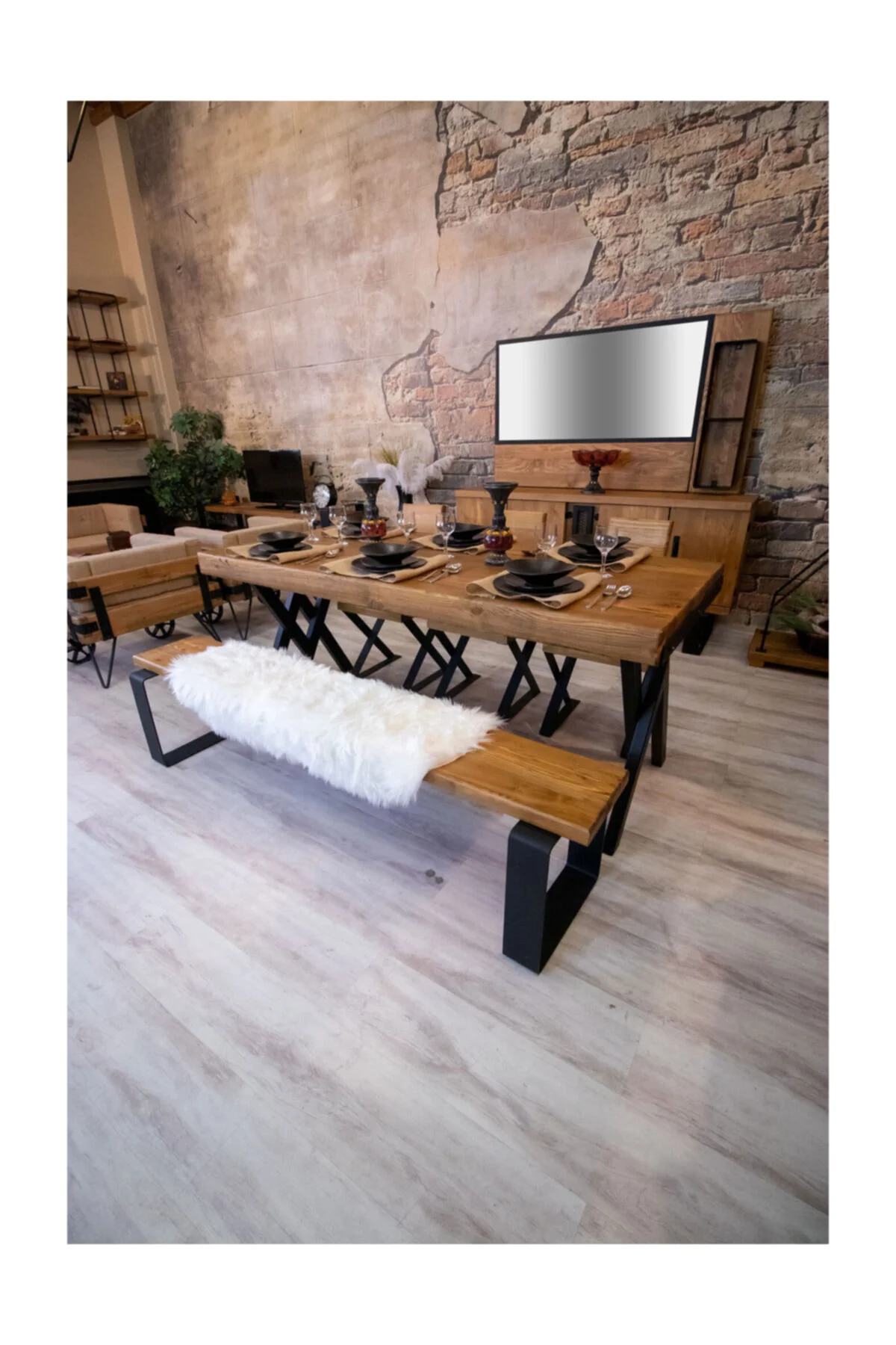 Ntconcept Masif Ağaç Yemek Masası Takımı - 85cm-125cm Masa+125cm Bank+4 Adet Loft Sandalye