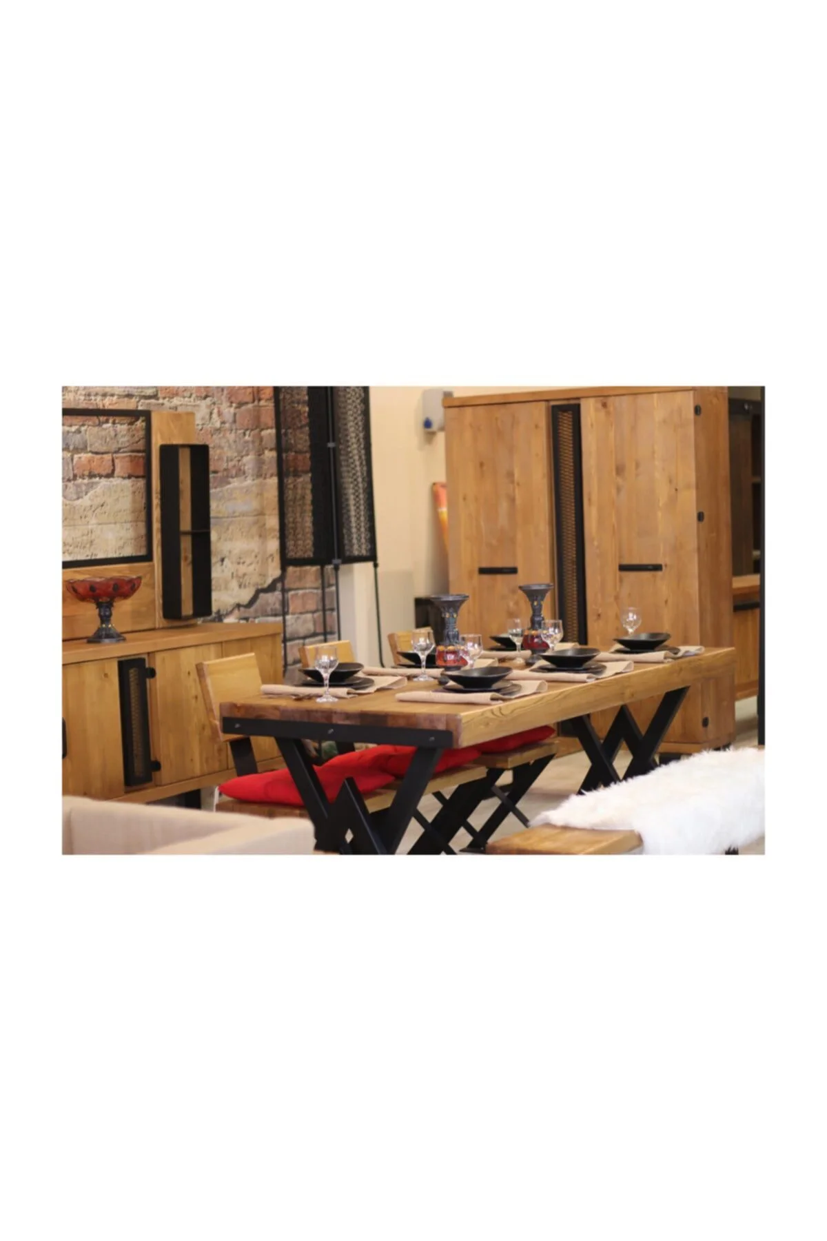 Ntconcept Masif Ağaç Yemek Masası Takımı - 85cm-150cm Masa + 150cm Bank + 4 Adet Loft Sandalye