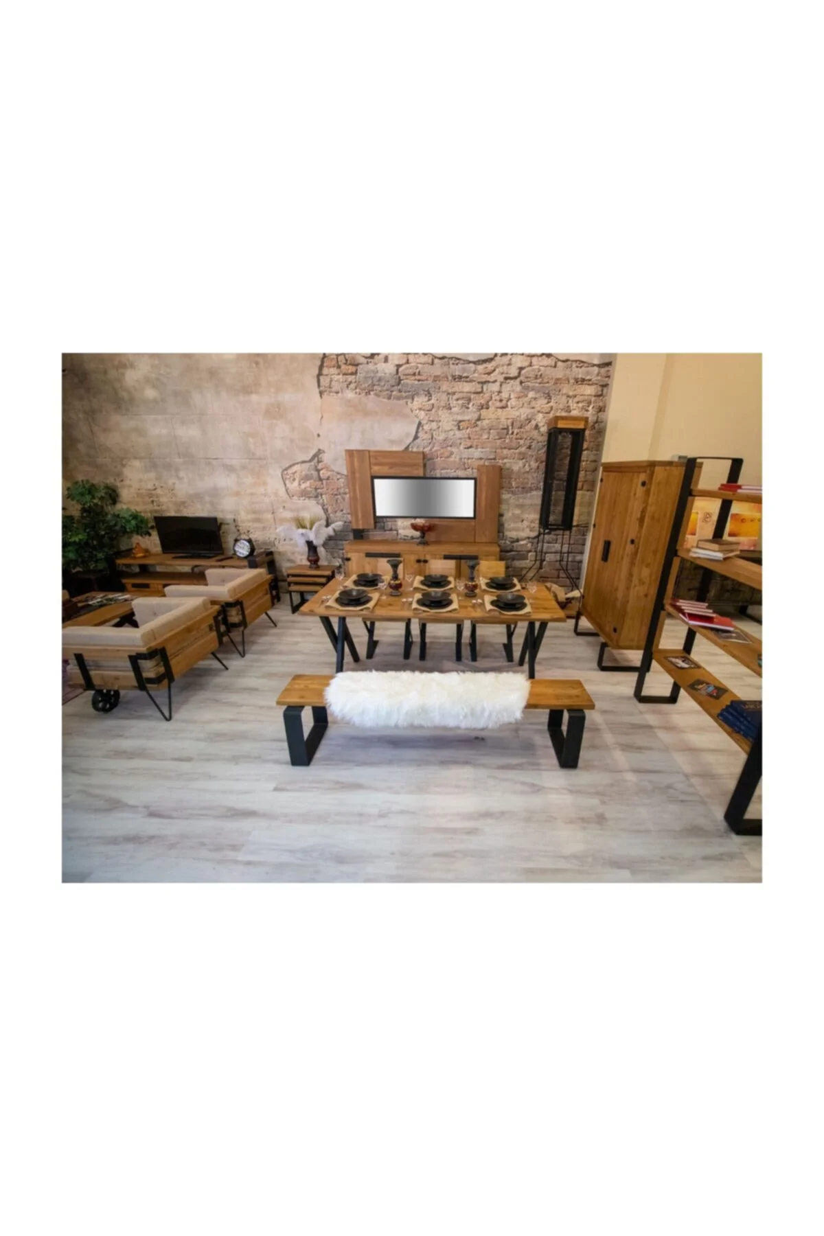 Ntconcept Masif Ağaç Yemek Masası Takımı- 85cm-185cm Masa+185cm Bank+3 Adet Loft Sandalye
